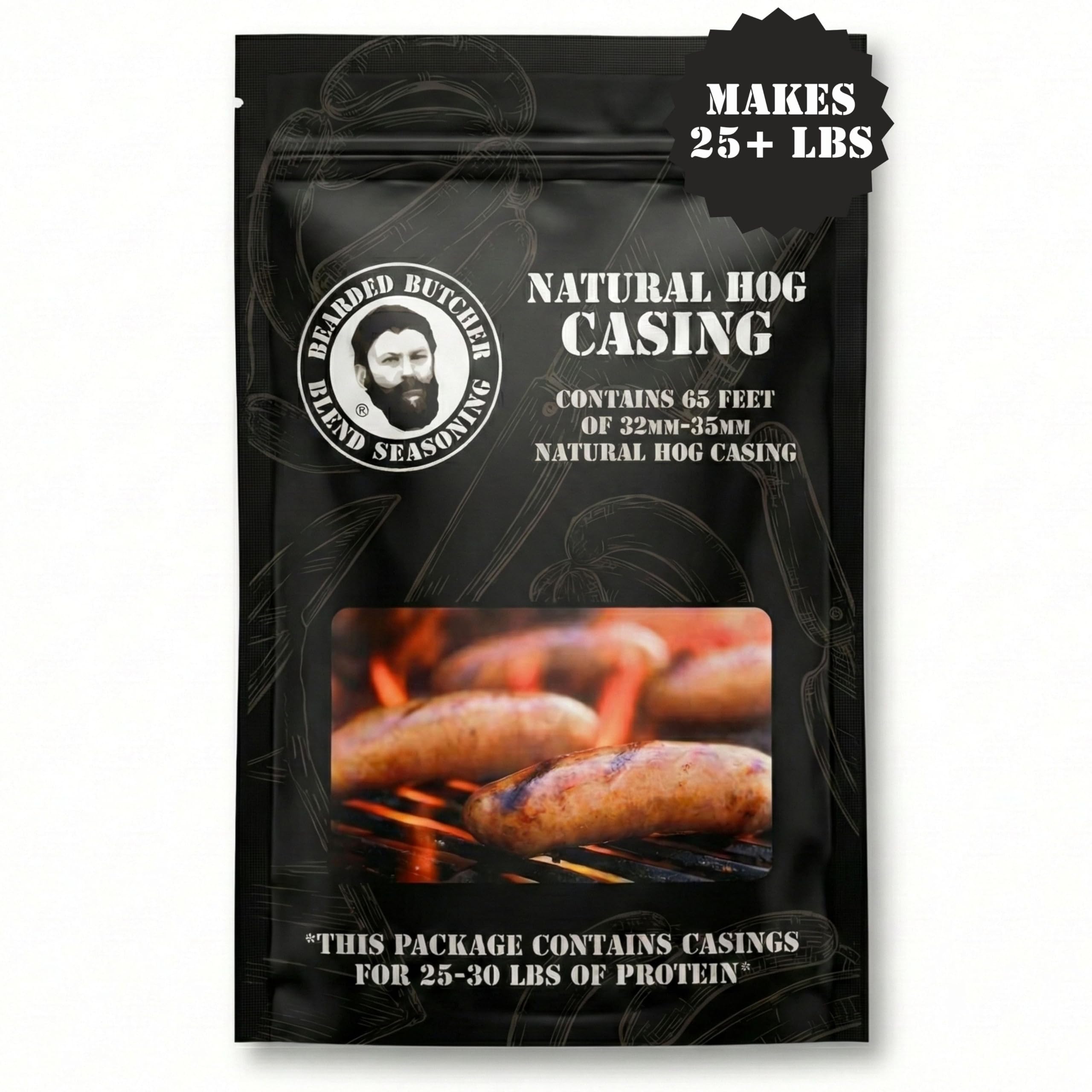 Bearded Butchers Natural Hog Casings 32-35mm (1.25–1.38") – Edible Sausage Casing for Up to 25–30 lbs of Protein – Resealable Bag for Easy Storage – Bratwurst, Italian, Polish, Hot Dogs – Pre-Flushed, Soak & Stuff