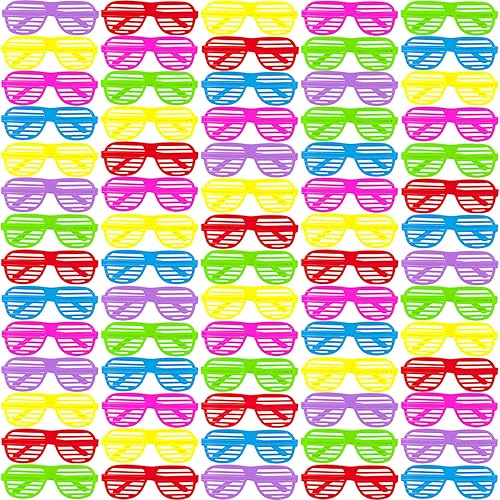 weilaga Paquete de 72 gafas de sol de neón ranuradas a granel de estilo retro de los años 80, recuerdos de fiesta para niños y adultos
