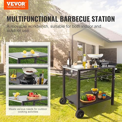 Miniatura 2 de VEVOR Carrito de parrilla al aire libre con doble estante, mesa de preparación de alimentos movible para barbacoa con mantel individual de PVC, mesa