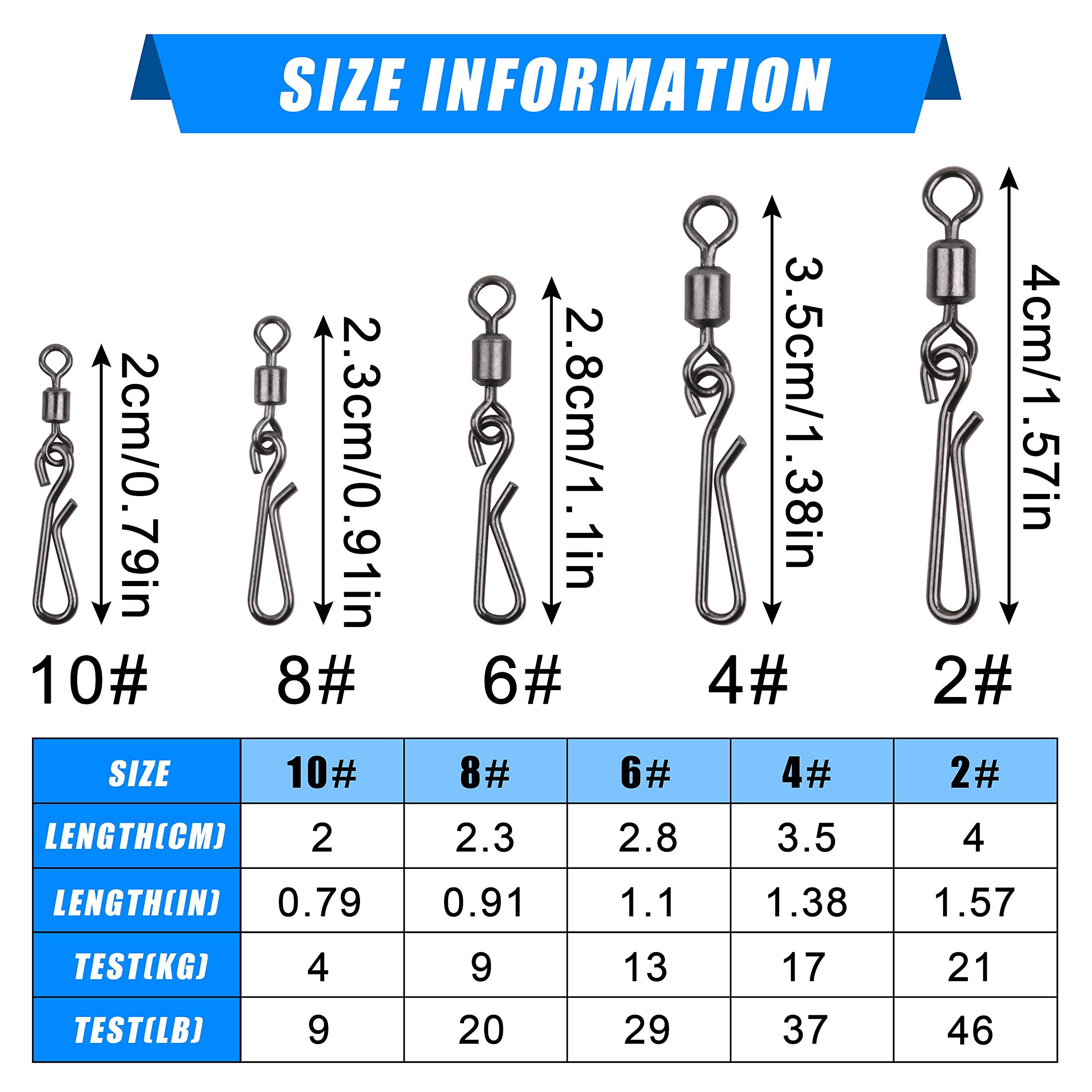 AGOOL Fishing Swivels Snaps Fishing Quick Clips, 60/200pcs Rolling Barrel Swivels with Quick Clips Snaps Swivels High Strength Speed Clips Connector Freshwater Saltwater Fishing Tackle