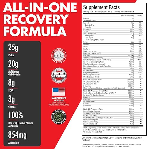 Miniatura 10 de Max Muscle Arm Plus+ - Matriz de recuperación anabólica  0.88 oz de proteína, 0.28 oz de Bcaas, 0.11 oz de creatina  Proteína de suero,