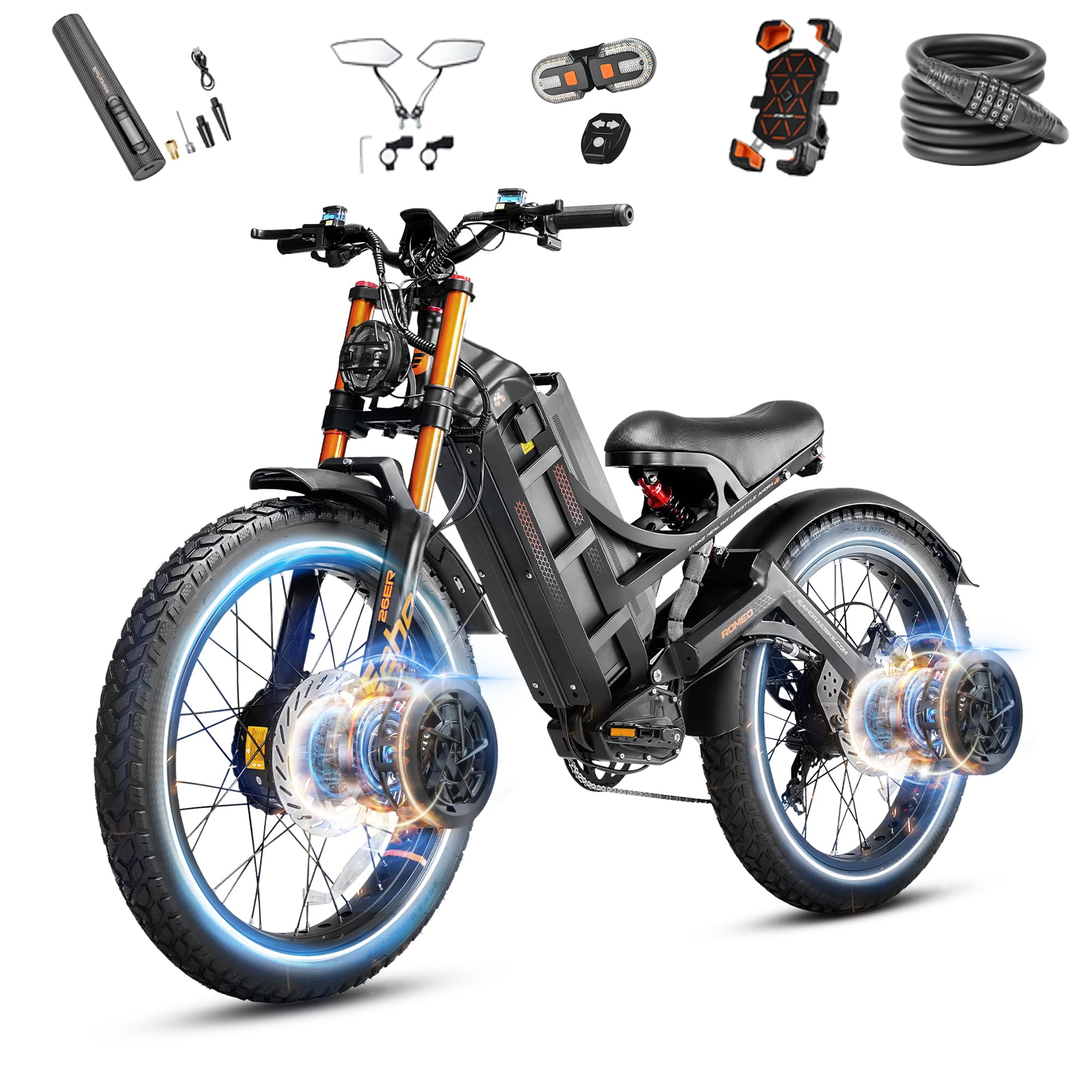 eAhora 2026 Romeo Pro 3 5600W 50Mph High-Torque Ebike, 60V 80Ah 250-Mile Long Range Electric Bike for Adults, Adjustable Air Suspension, 26'' Puncture-Proof Tire, UL 2849 Certified by TÜV