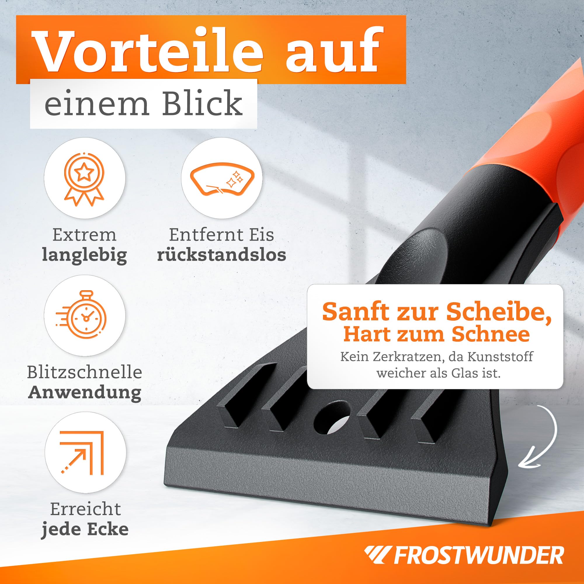 FROSTWUNDER Skrobaczka samochodowa z miotłą [Made in Europe] – 41 cm profesjonalna szczotka do śniegu z delikatnym włosiem – łatwa do przechowywania skrobaczka do szyb samochodowych – trwała