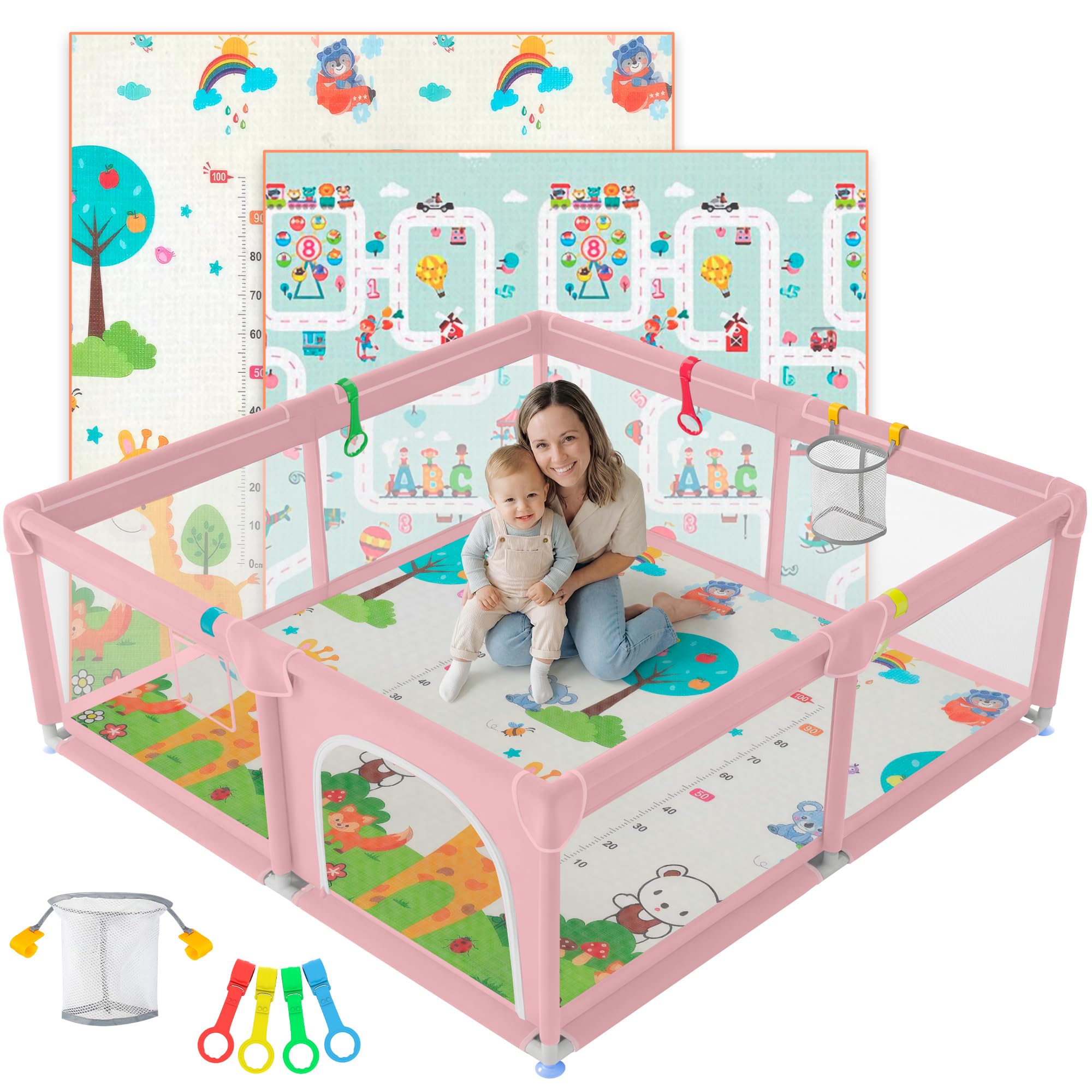 JUPPLIES Parque Infantil Bebe 120x120cm + Alfombra Bebe + Agarraderas + Canasta – Corralito Bebe con Malla Transpirable – Parque de Juegos Bebe Plegable con Puerta Lateral – Playpen Bebe (Rosa)