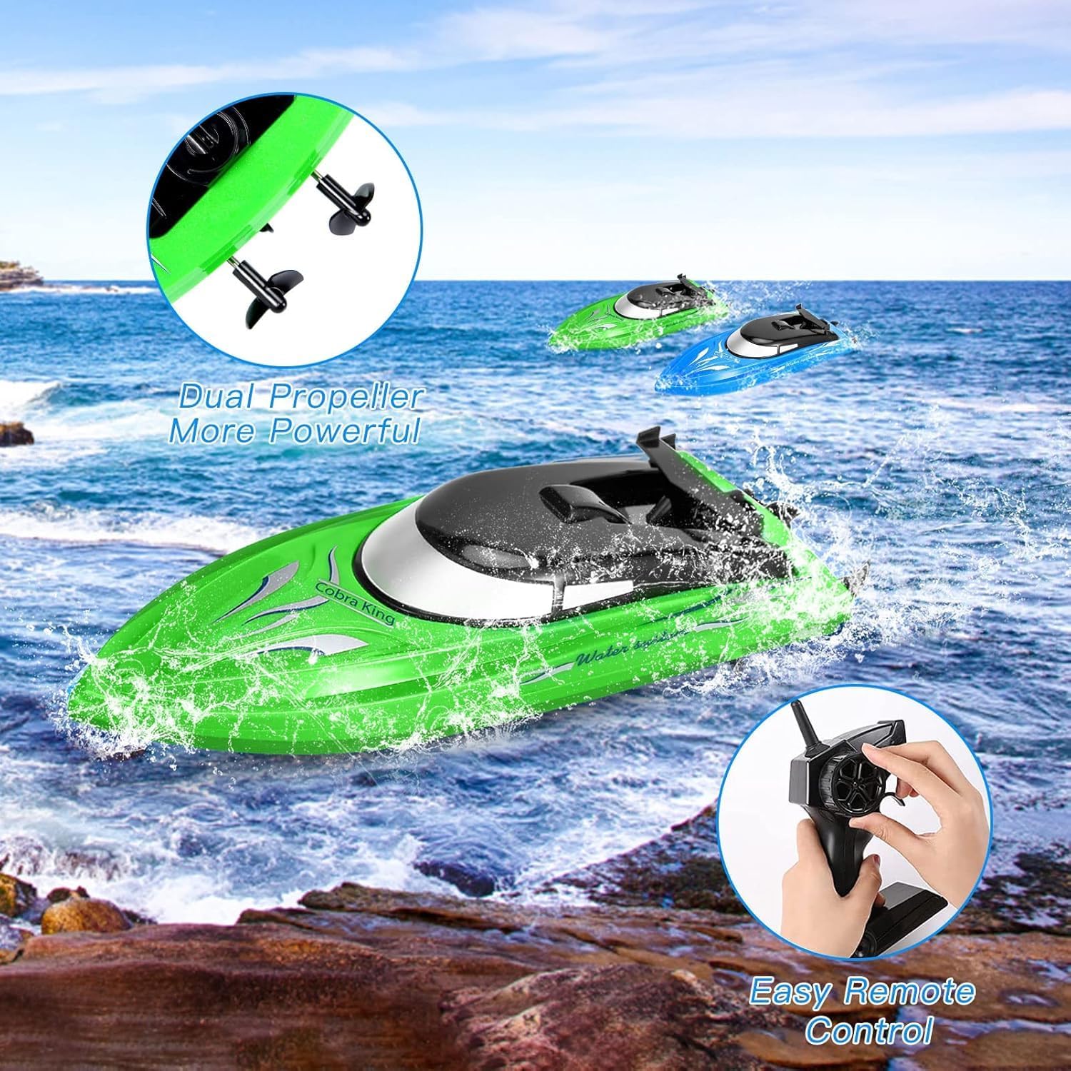 Aptliton 2-Pack Fast Self-Righting RC Boat, 20Mins Runtime 40-50m Range Claw-Streak Paint for Pool Lake Summer Toy Blue And Pearl Green - Image 6