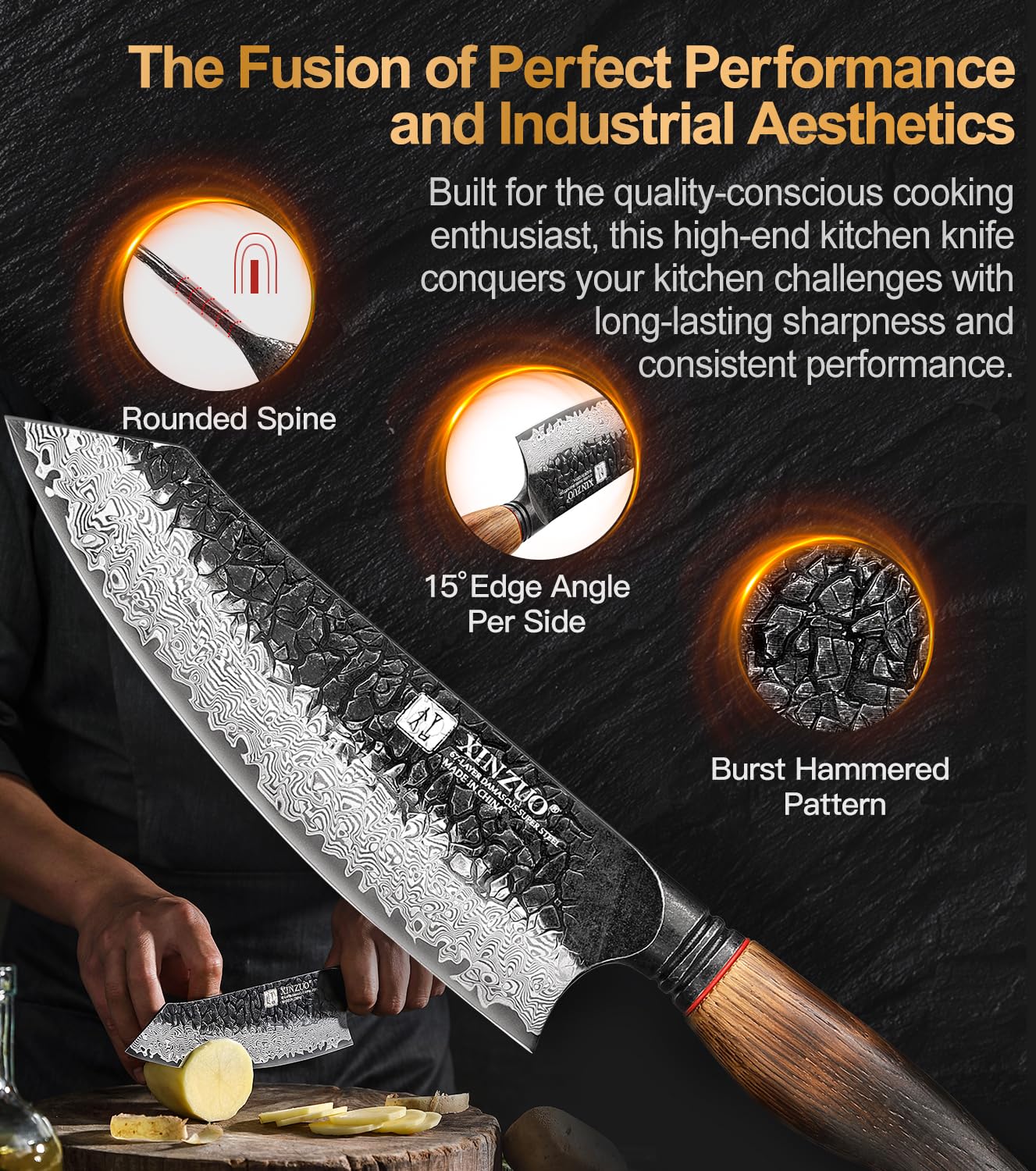 Amazon.co.jp: XINZUO ダマスカス鋼 19.3cm三徳包丁 キッチンナイフ-槌