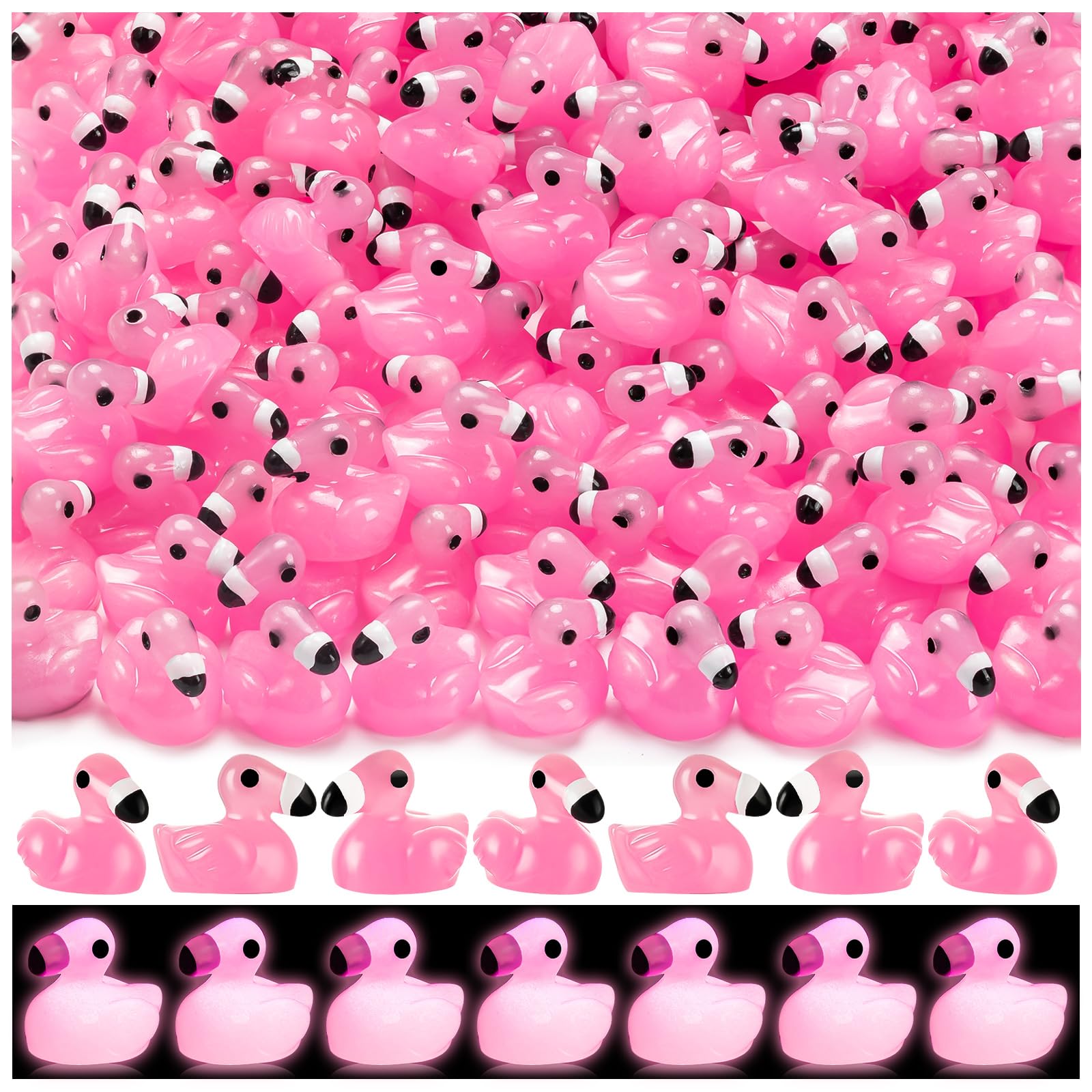 LHSYFBZ 100 Pcs Mini Resin Flamingo Ducks, Luminous Flamingo Tiny Ducks, Glow in The Dark Miniature Flamingo for Cake Topper Garden Dollhouse Landscape Aquarium Ornaments DIY Crafts