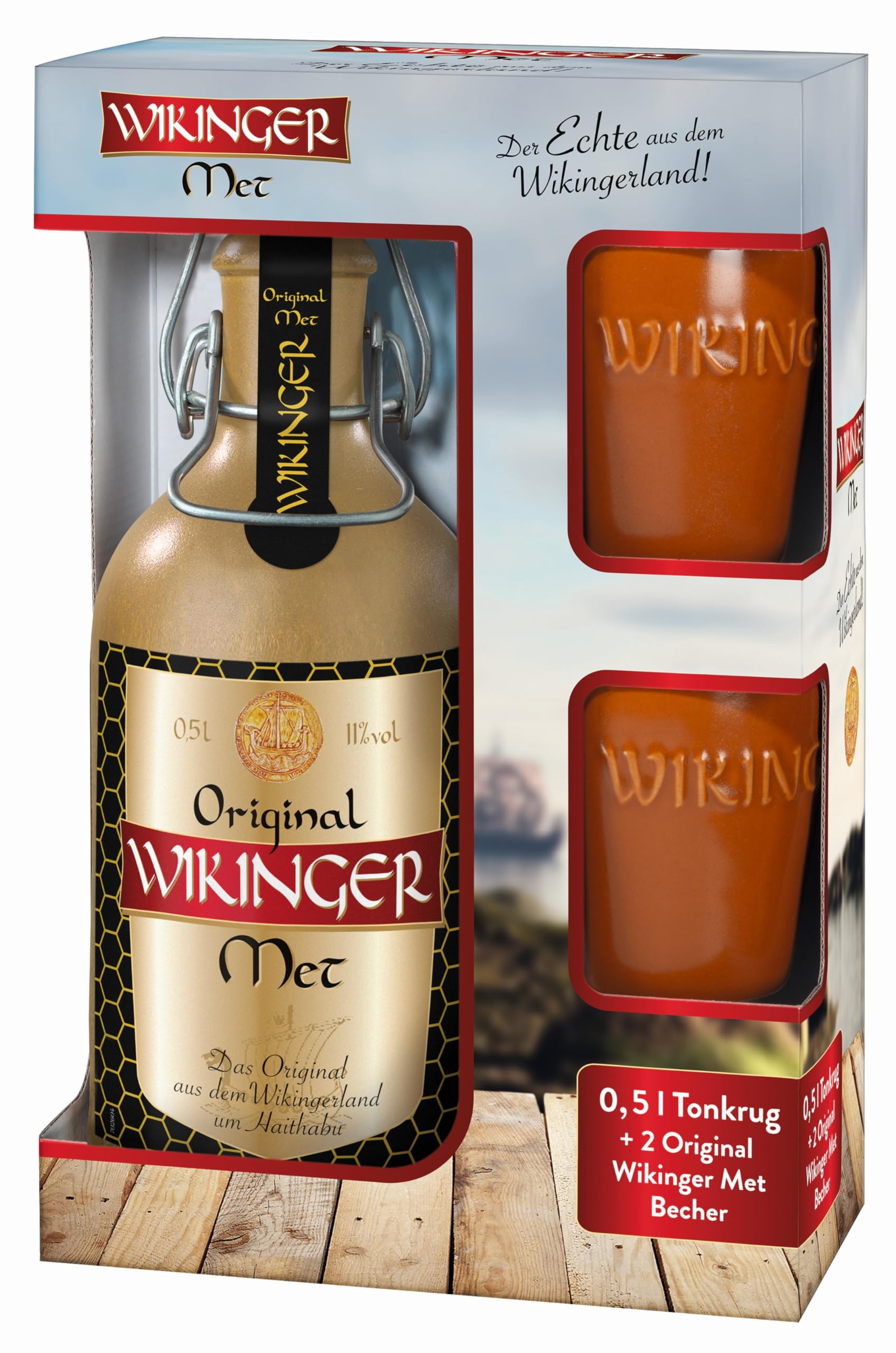 Geschenkset Wikinger Met + 2 Trinkbecher 0,1 Liter | Honigwein aus dem Wikingerland Haithabu | Original Met 0,5 Liter Bügelflasche