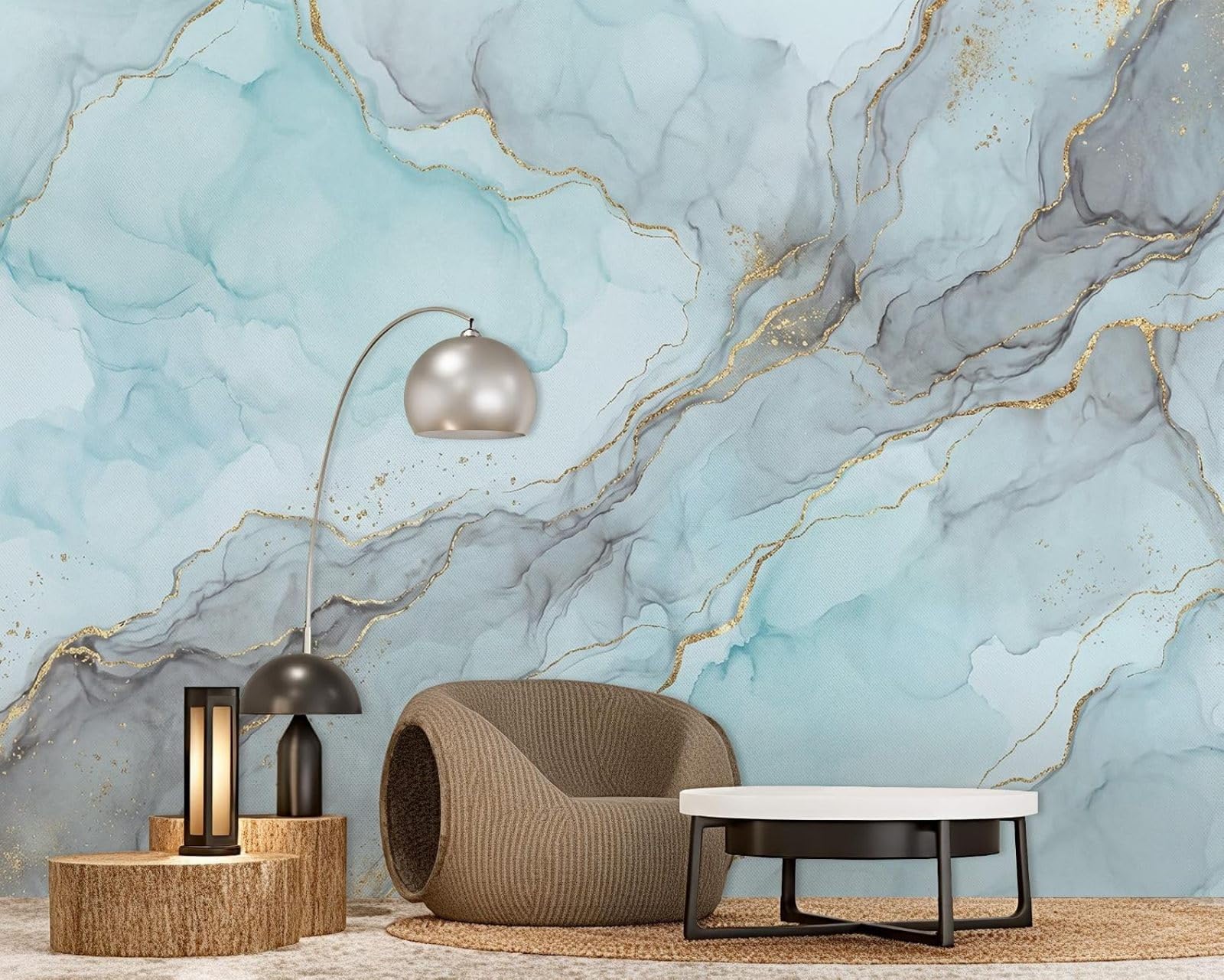 Hgjdjhnf 3D Mural Photo Mural - Wallpaper Light Blue Gold Watercolor Abstract Fluid Art Marble Effect Non-Woven Modern Wall Covering For Living Room, Bedroom, Dining Room, Wall Decoration, Motif 300Cm X 210Cm Pos