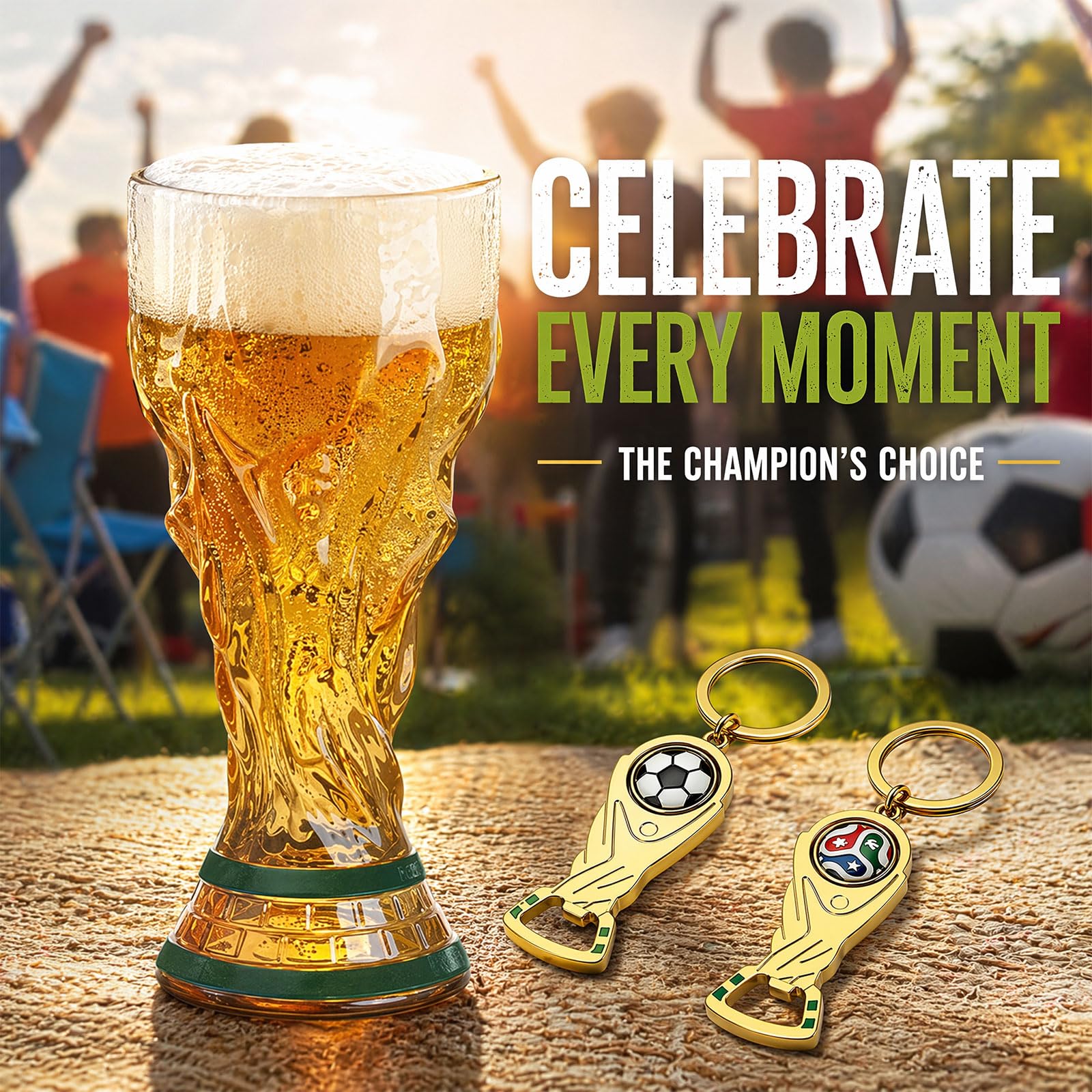 Chope à bière de football 500 ml avec 2 décapsuleurs porte-clés – Verre à bière design coupe à bière aspect métal avec poignée – Article de fan pour les fêtes publiques – Cadeau pour les fans de