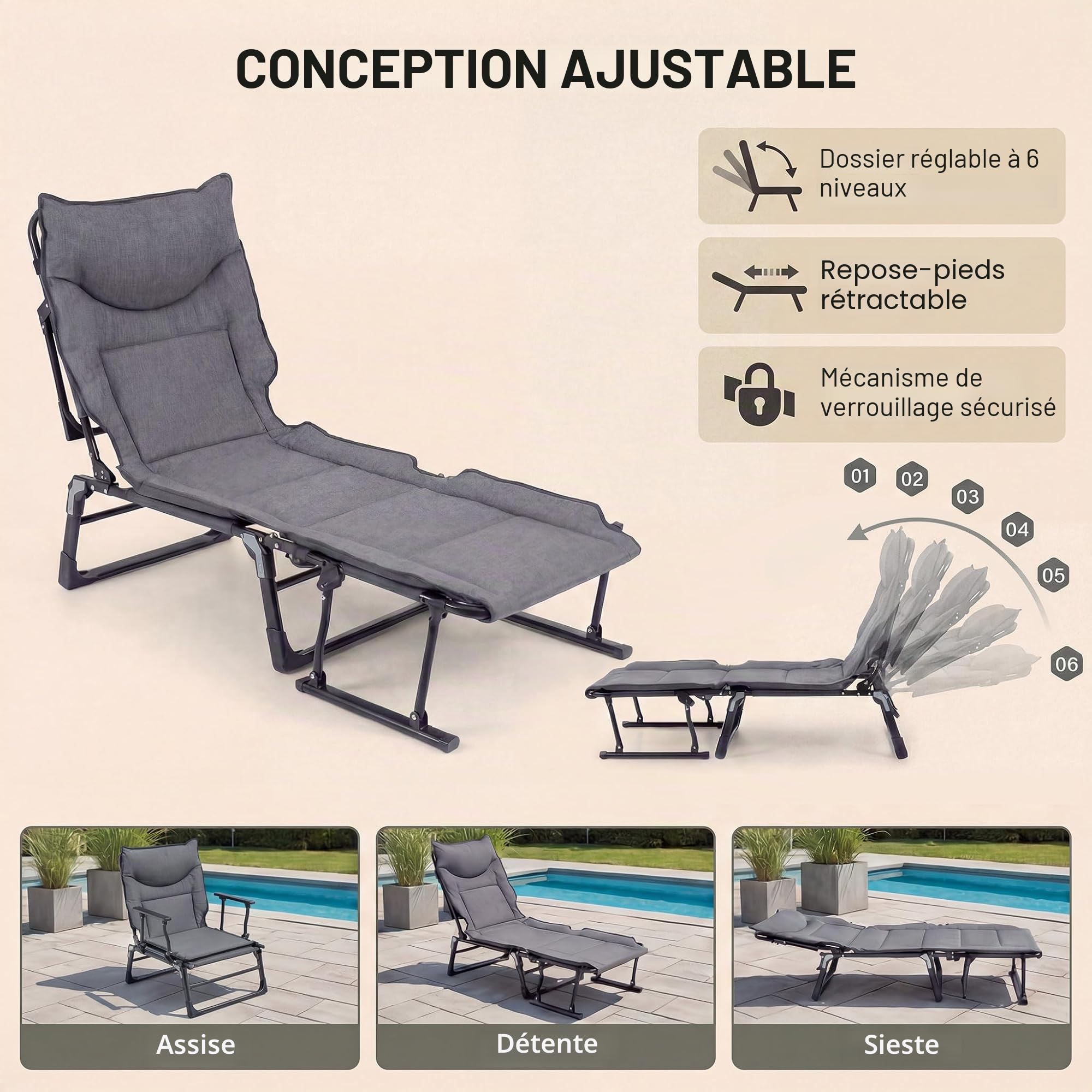 Giantex Lit de Camping Pliable 1 Personne avec Oreiller Intégré, Dossier Réglable 6 Positions et Verrouillage, Structure Tube Carré, Chaise Longue Pliante pour Extérieur et Maison, Charge 200 kg