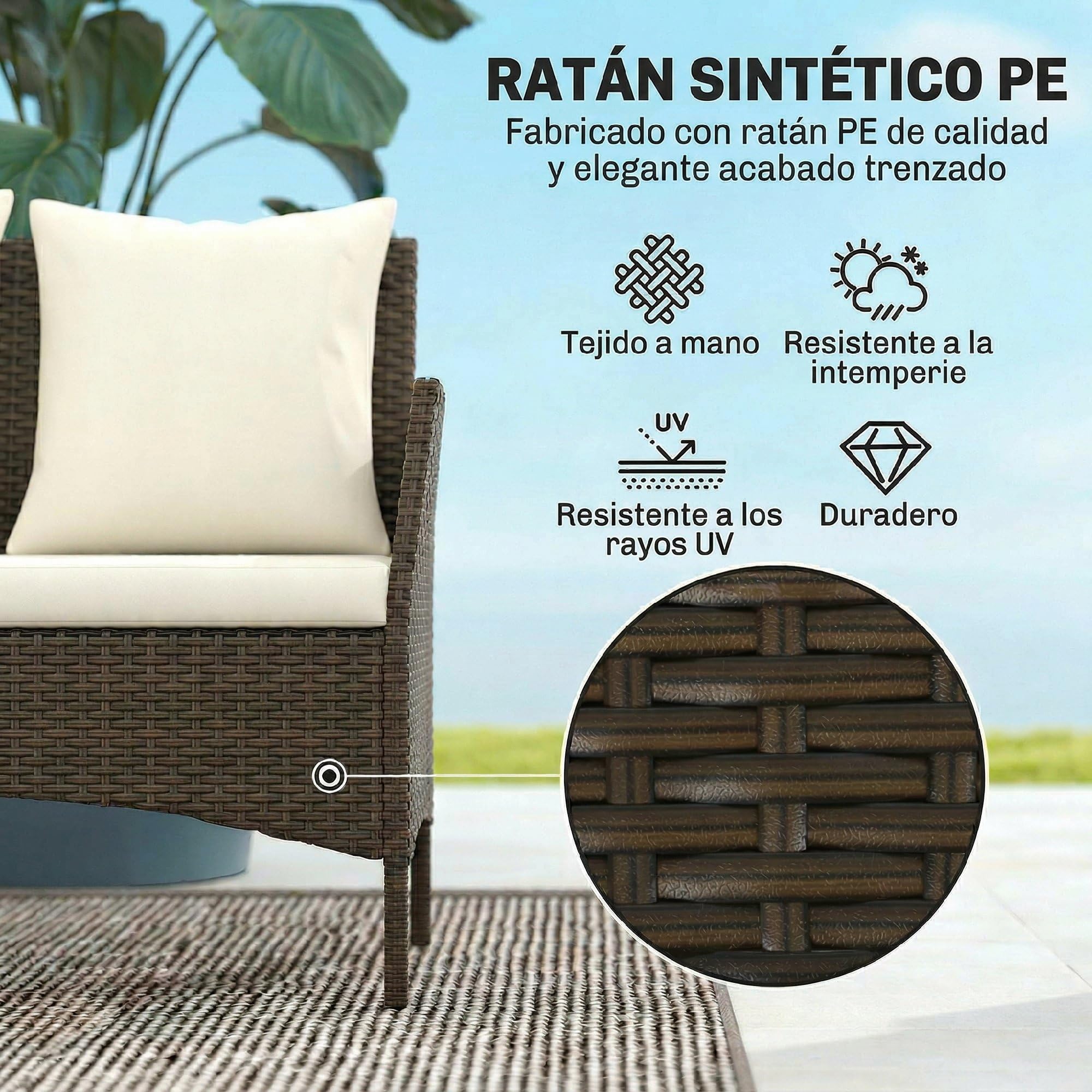 Outsunny Conjunto de Jardín Exterior de Ratán Conjunto de Terraza Marrón | Cojines Lavables, Muebles Jardín Exterior, 4 Piezas, Sofá de 2 Plazas, 2 Sillas, Mesa de Centro de Vidrio Templado