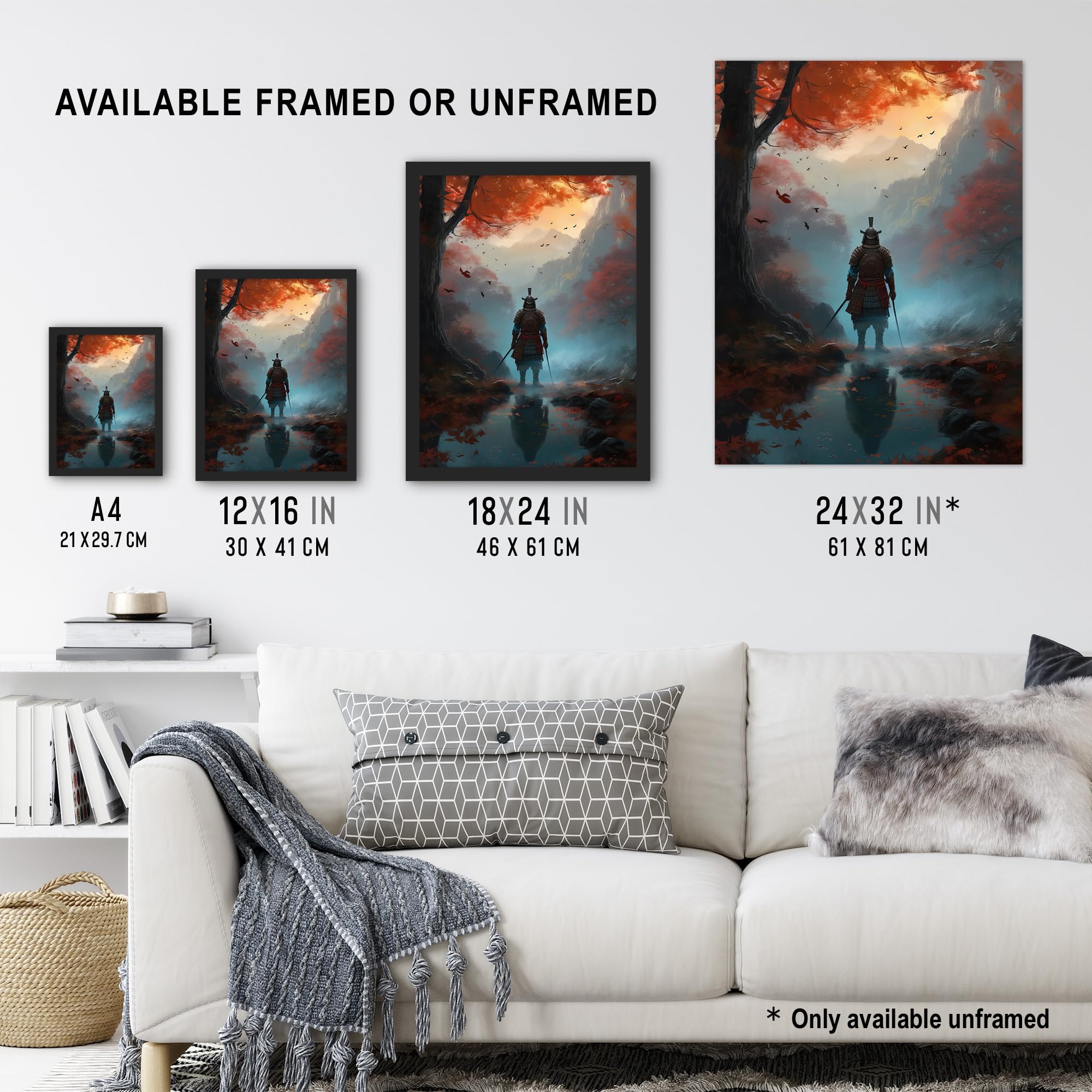 Artery8 Samurai Guardian Concept Painting Mythical Kingdom Warrior in O-yoroi Armour Prepared for Battle in Foggy Autumn Forest Landscape Extra Large XL Wall Art Poster Print - Image 3
