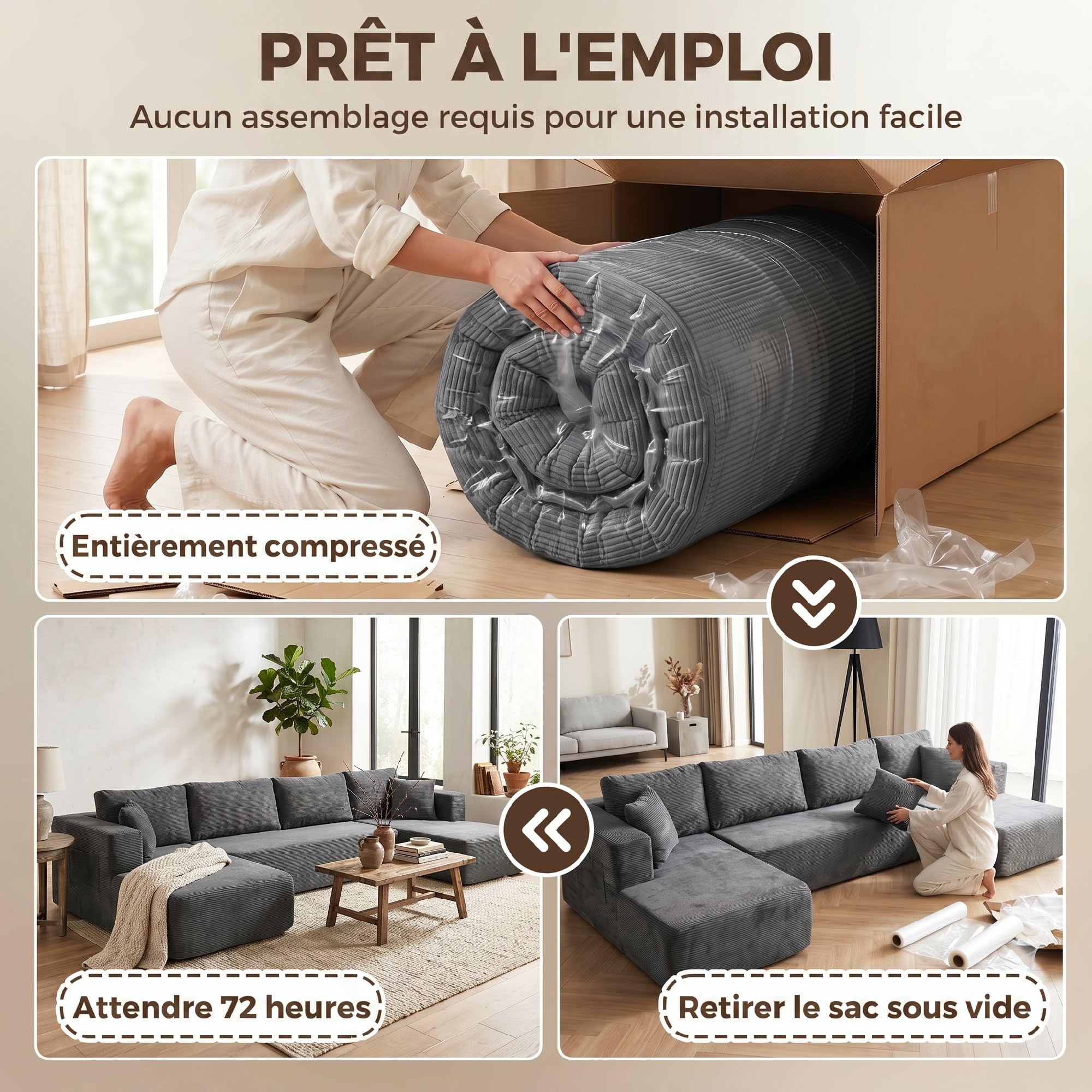 HOMCOM Canapé Modulaire en U Compressé 4 Places 2 Méridiennes Gris