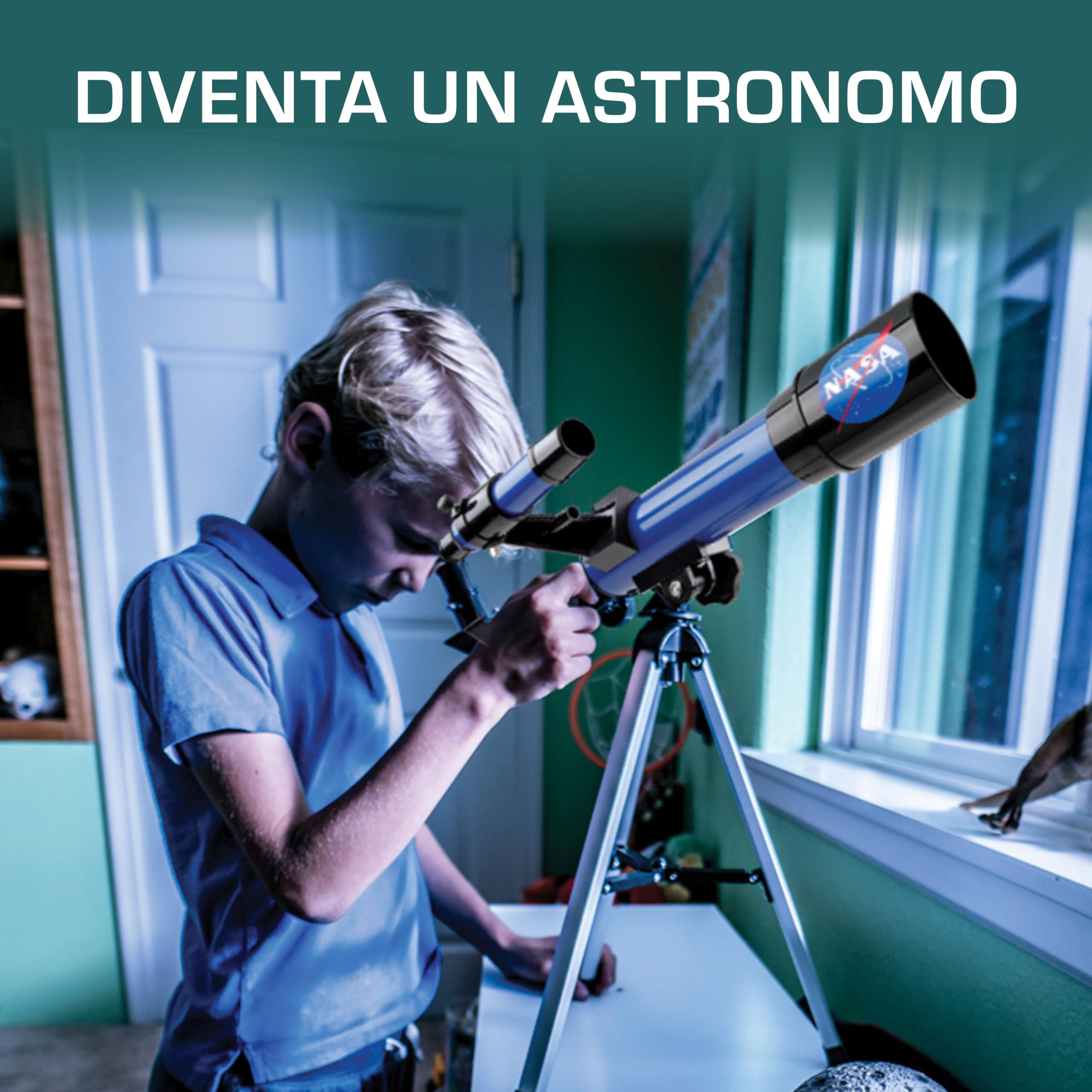 Blue Marble Telescopio Lunare NASA per Bambini – Ingrandimento 90x, con Due Oculari, Treppiede da Tavolo e Mirino, Telescopio per l’Osservazione della Luna, Giochi Spaziali, Regali NASA