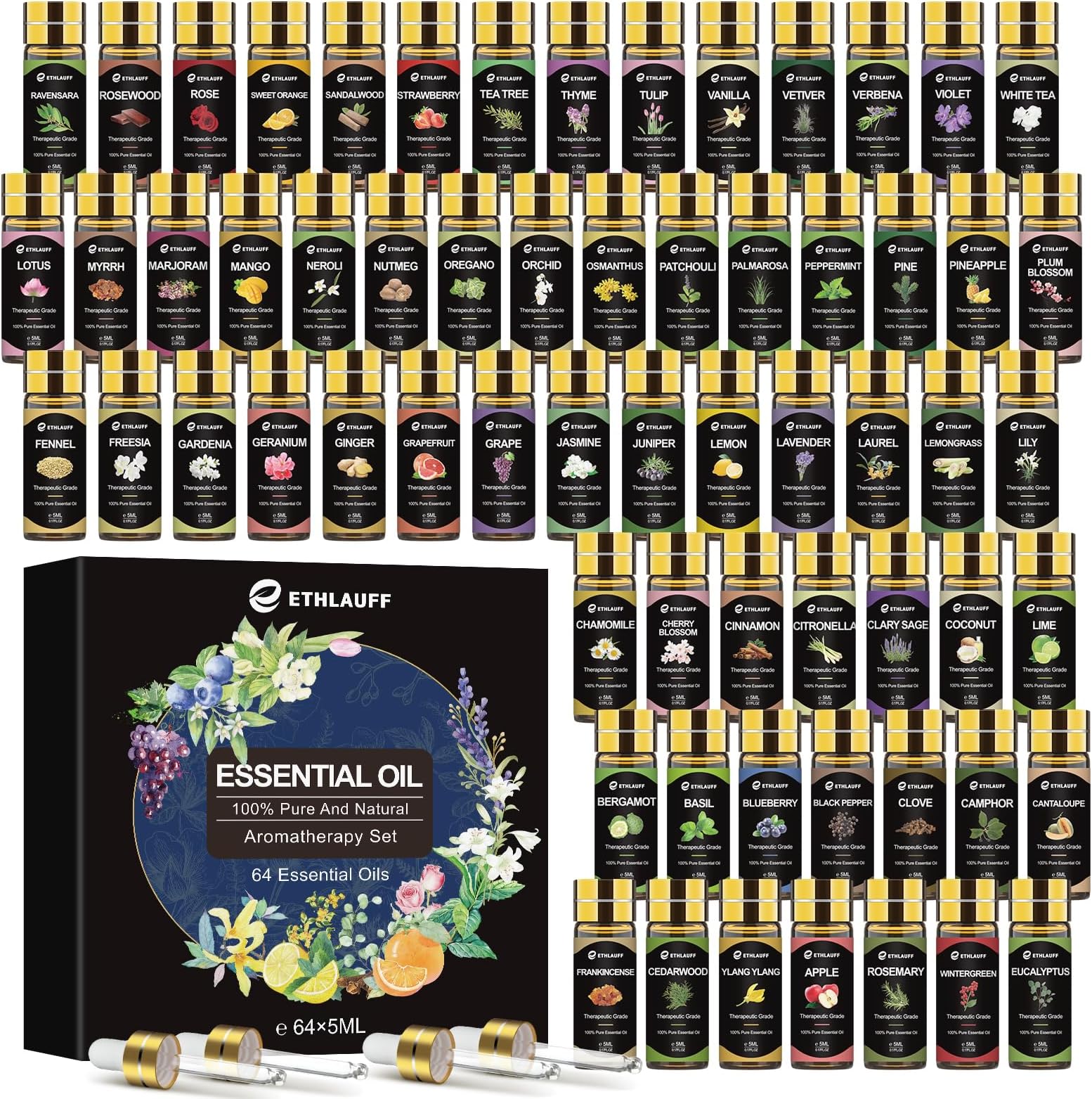 Essential Oil Set 64 Pack -Aromatherapy Essential Oils Kit-Fragrance Oils Perfect for Diffuser, Humidifier, Massage,Soap, Skin & Hair Care, Candle Scented Oil (0.17oz)