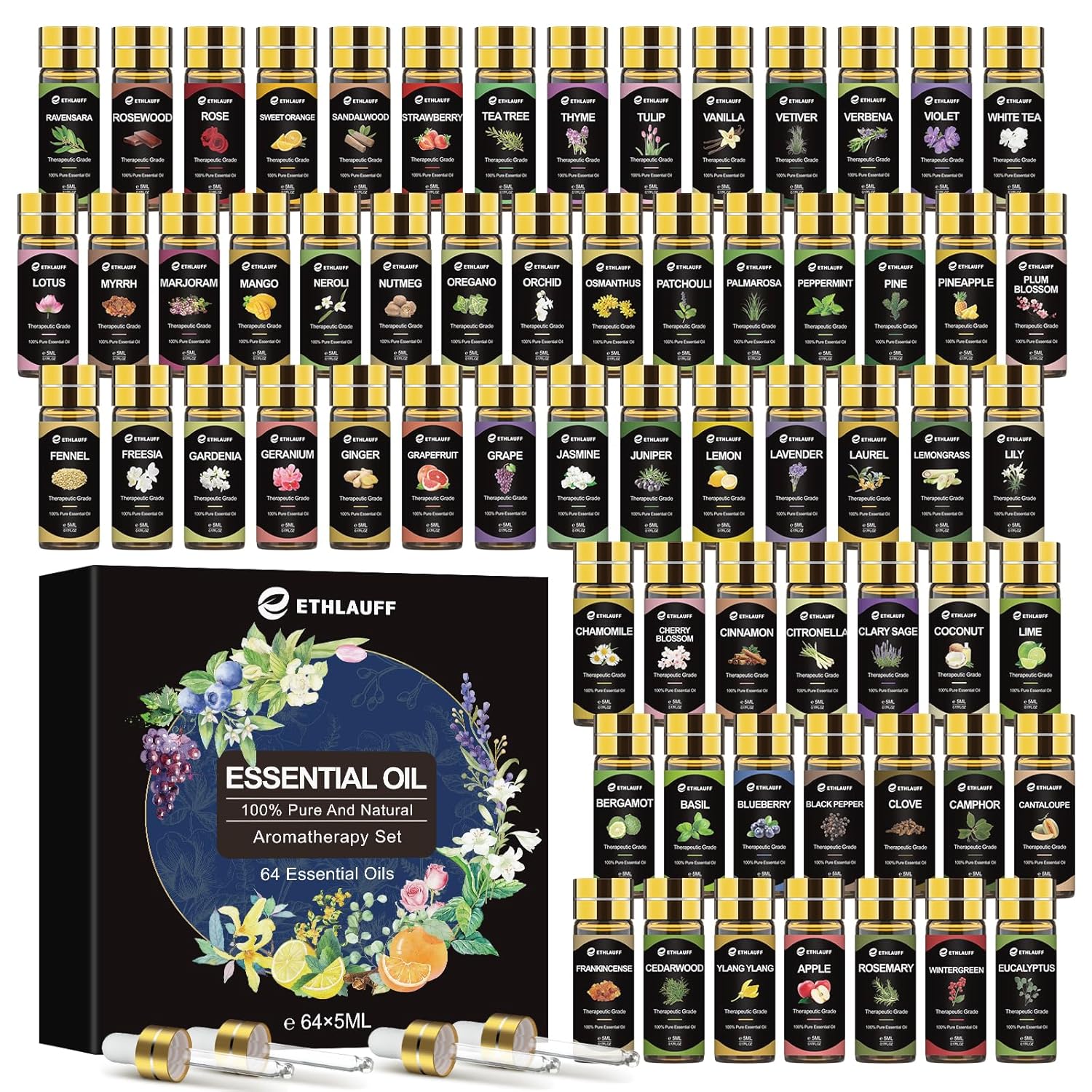 Essential Oil Set 64 Pack -Aromatherapy Essential Oils Kit-Fragrance Oils Perfect for Diffuser, Humidifier, Massage,Soap, Skin & Hair Care, Candle Scented Oil (0.17oz)