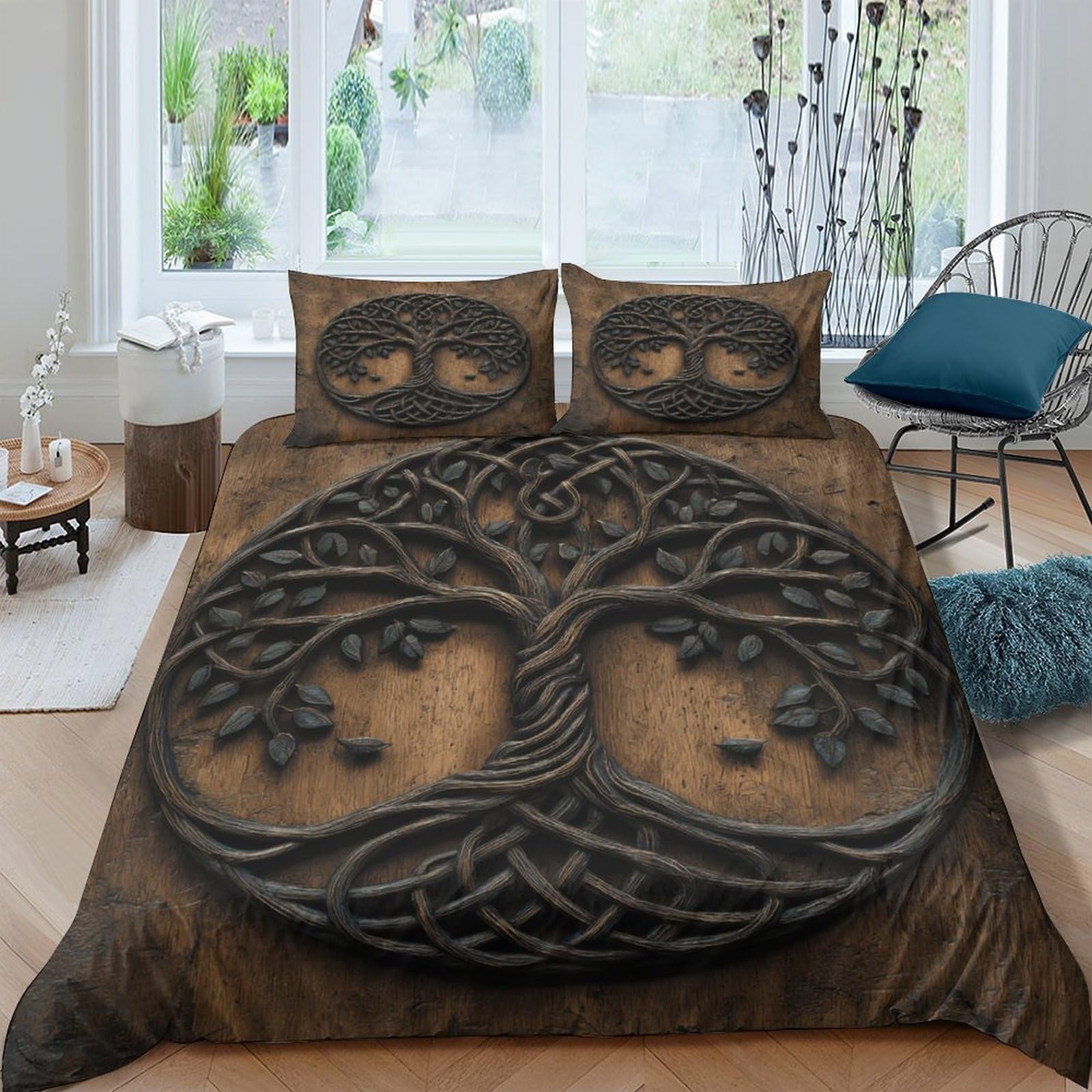 Ctjqhvkz Style-7 3D Printed Celtic Tree Of Life Fitted Sheet Microfiber Soft Brown Wood Grain Bed Cover Bedroom Dorm Decor Single（135X200cm）