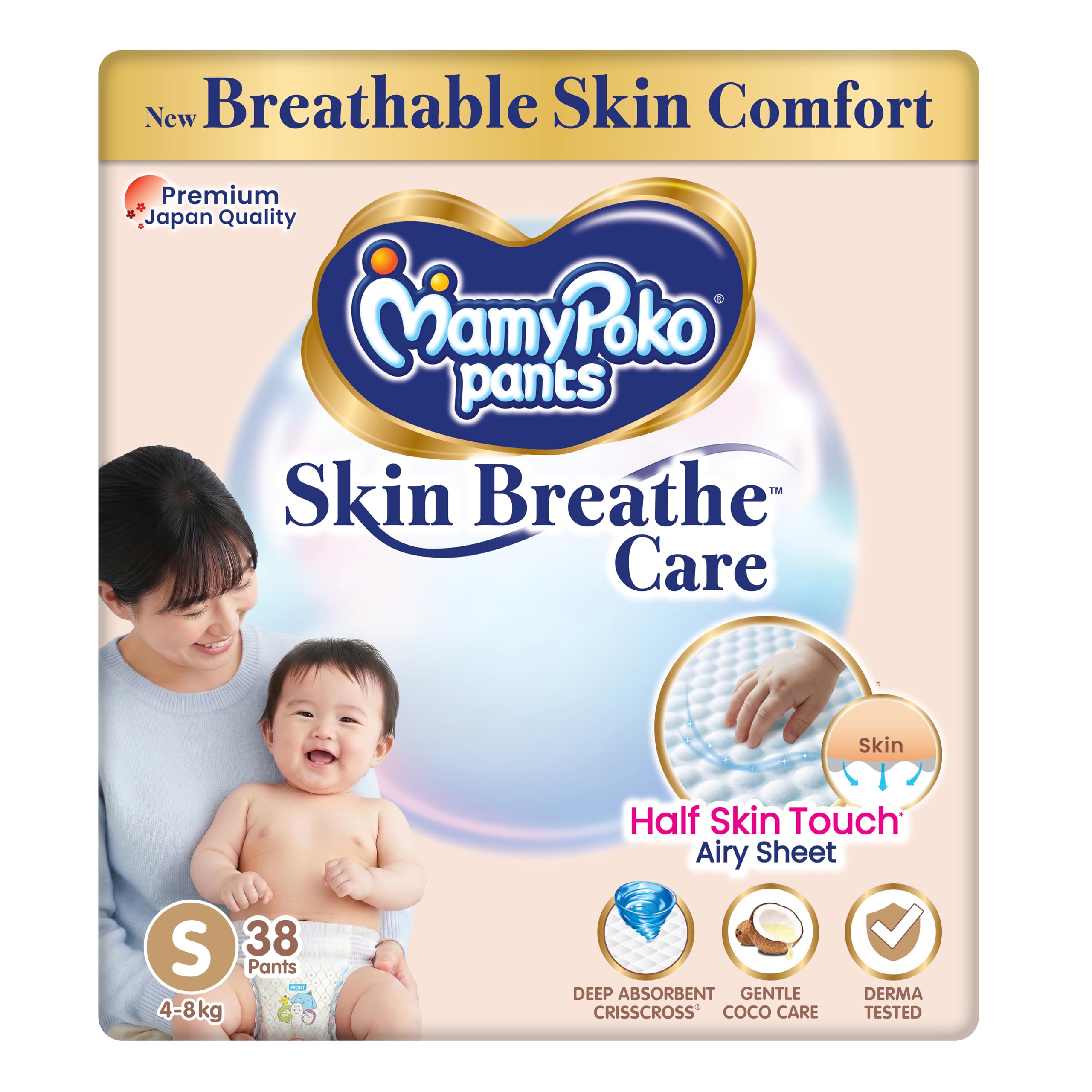 MamyPoko Pants Skin Breathe Care | Baby Diapers Small Size (S) | 38 Count | 4-8Kgs | Half Skin Touch Airy Sheet | 3X Breathable | Derma Tested