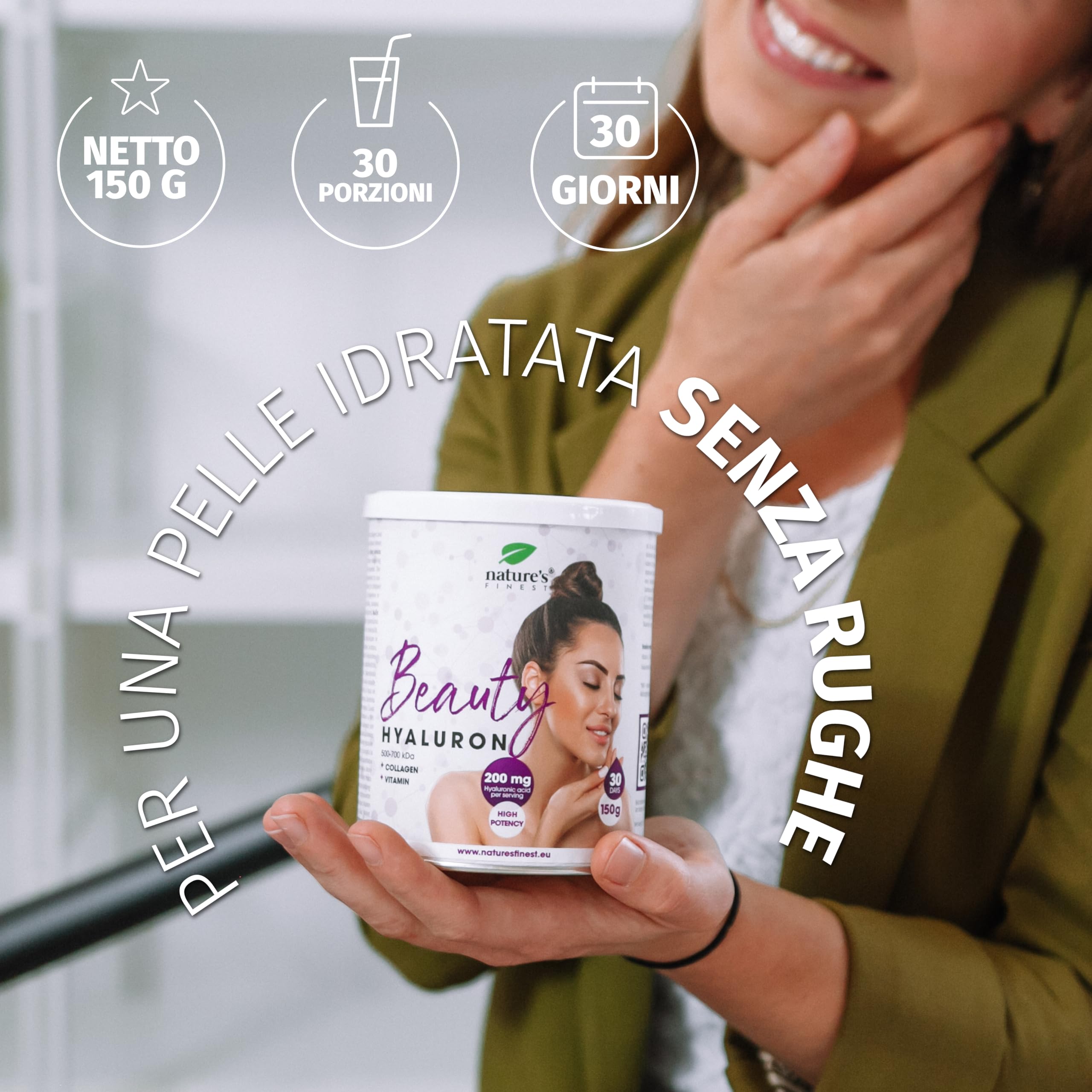 Nature's Finest Beauty Hyaluron - Collagene con Acido Ialuronico 200mg per Dose - Collagene Premium Complex e Vitamina C, Integratori per Pelle Flaccida, Capelli e Unghie