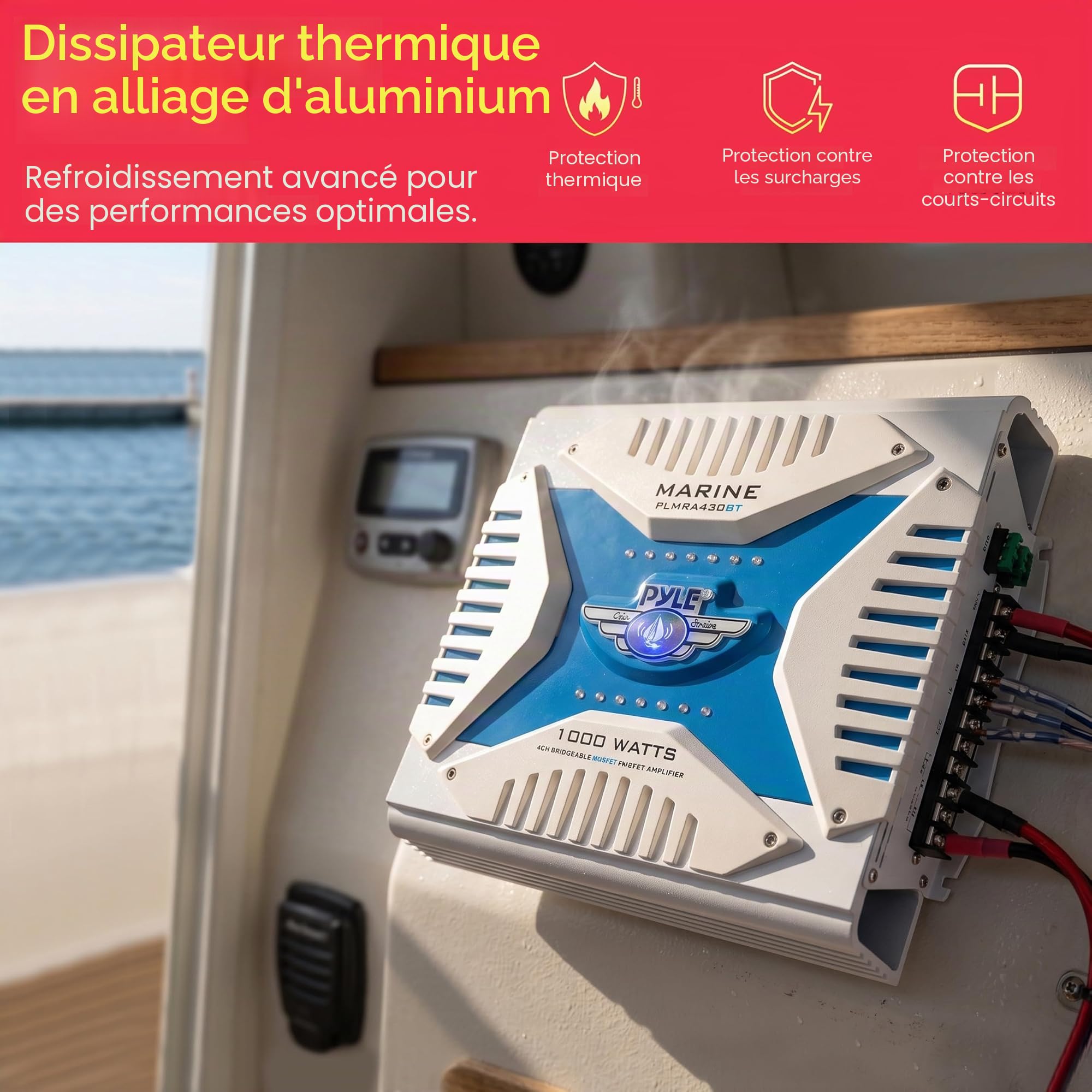 Pyle PLMRA430BT Bateau avec Fil &sans Fil Noir, Bleu amplificateur Audio
