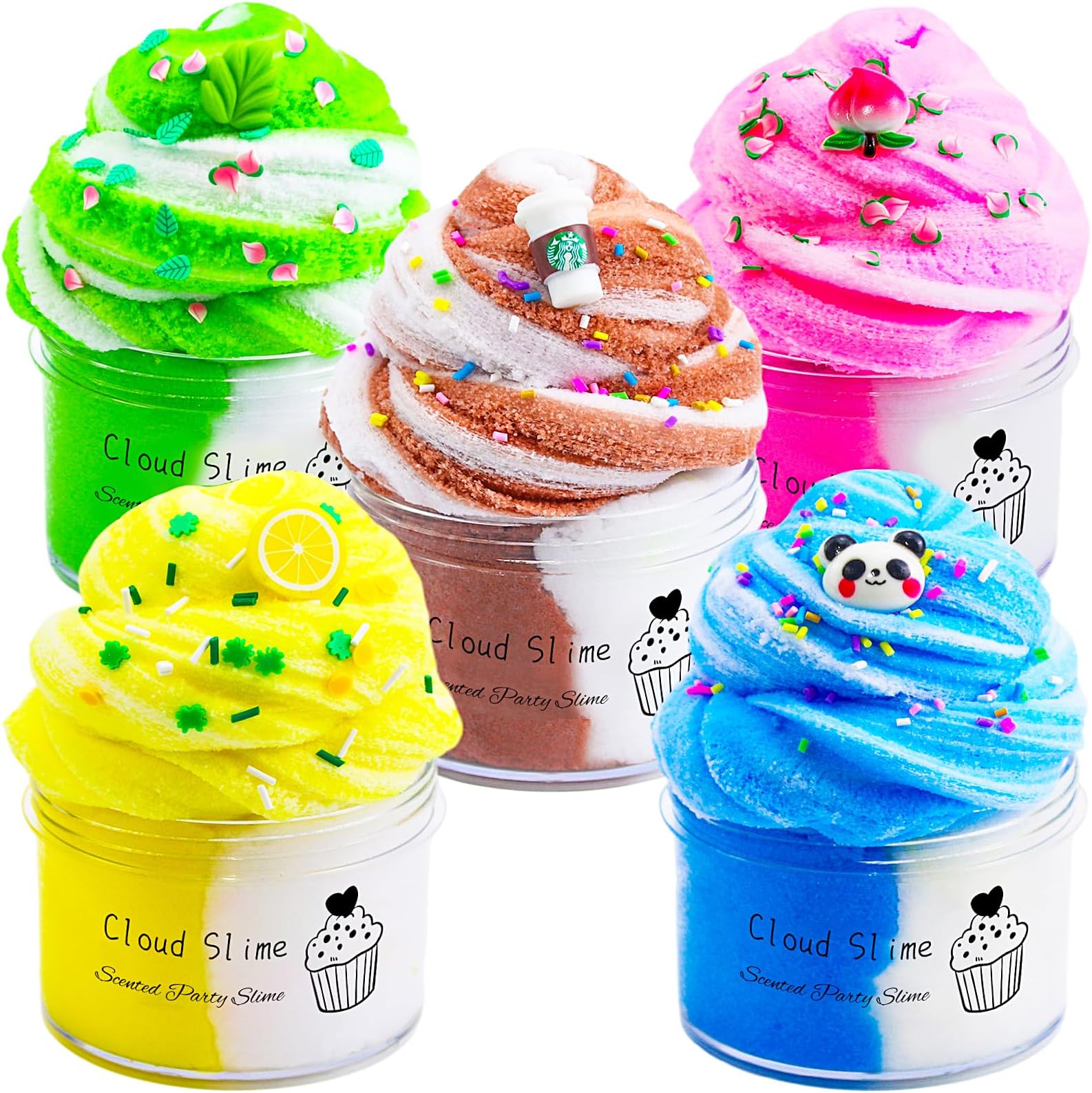 5 Packs Dual Color Cloud Slime Kit with Mint, Lemon, Coffee, Panda, Peach Stress Relief Toy, Super Soft and Non-Sticky, Birthday Gifts Slime Party Favors for Girls and Boys