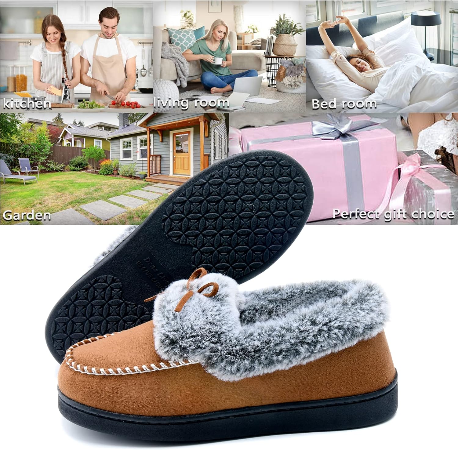 DL Women's Fuzzy Warm Moccasin Slippers Memory Foam, Soft Fluffy Winter House Closed Back Fur Lined, Cozy Ladies Suede Indoor Bedroom Houseshoes Non-Slip - Image 6