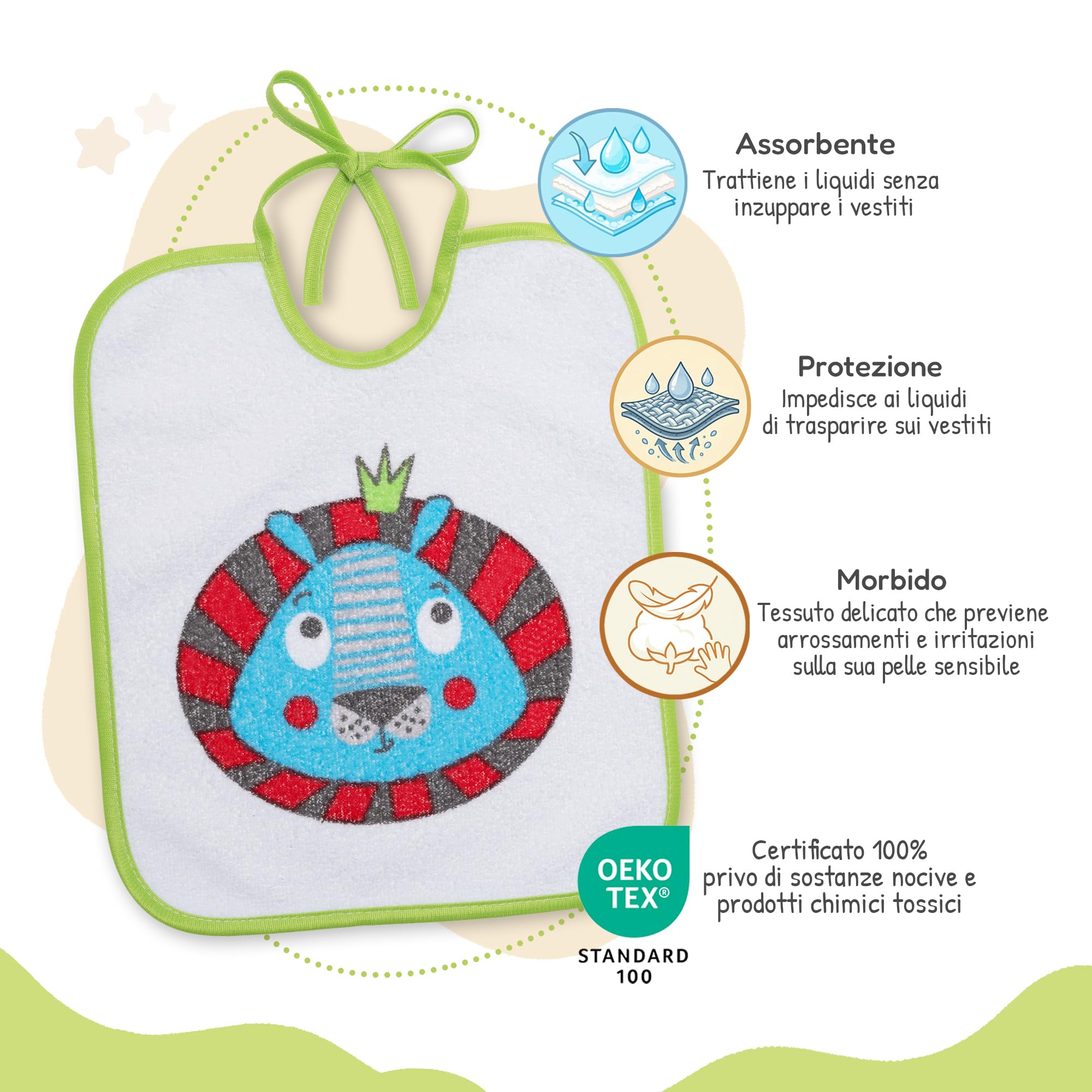 Bavaglini Impermeabili 73% Cotone 27% Poliestere Confezione da 7 23x27 cm per Bambini 6-18 Mesi