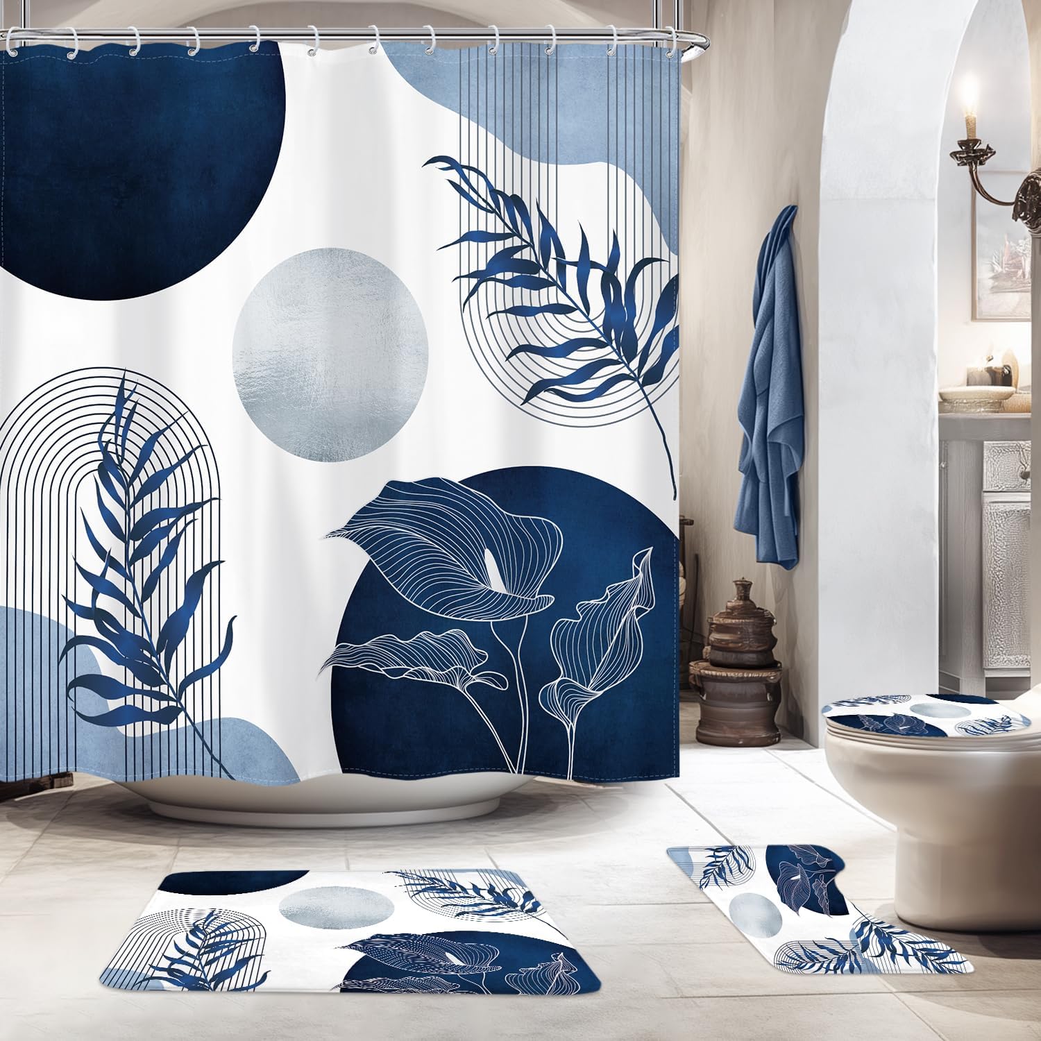 KOMLLEX 4Pcs Navy Blue Boho Shower Curtain Sets, Bath Mat and Toilet Lid Cover, Mid Century Modern Abstract Plant Geometric Minimalist Sun Bathroom Decor Set with Rugs and Accessories, 12 Pack Hooks