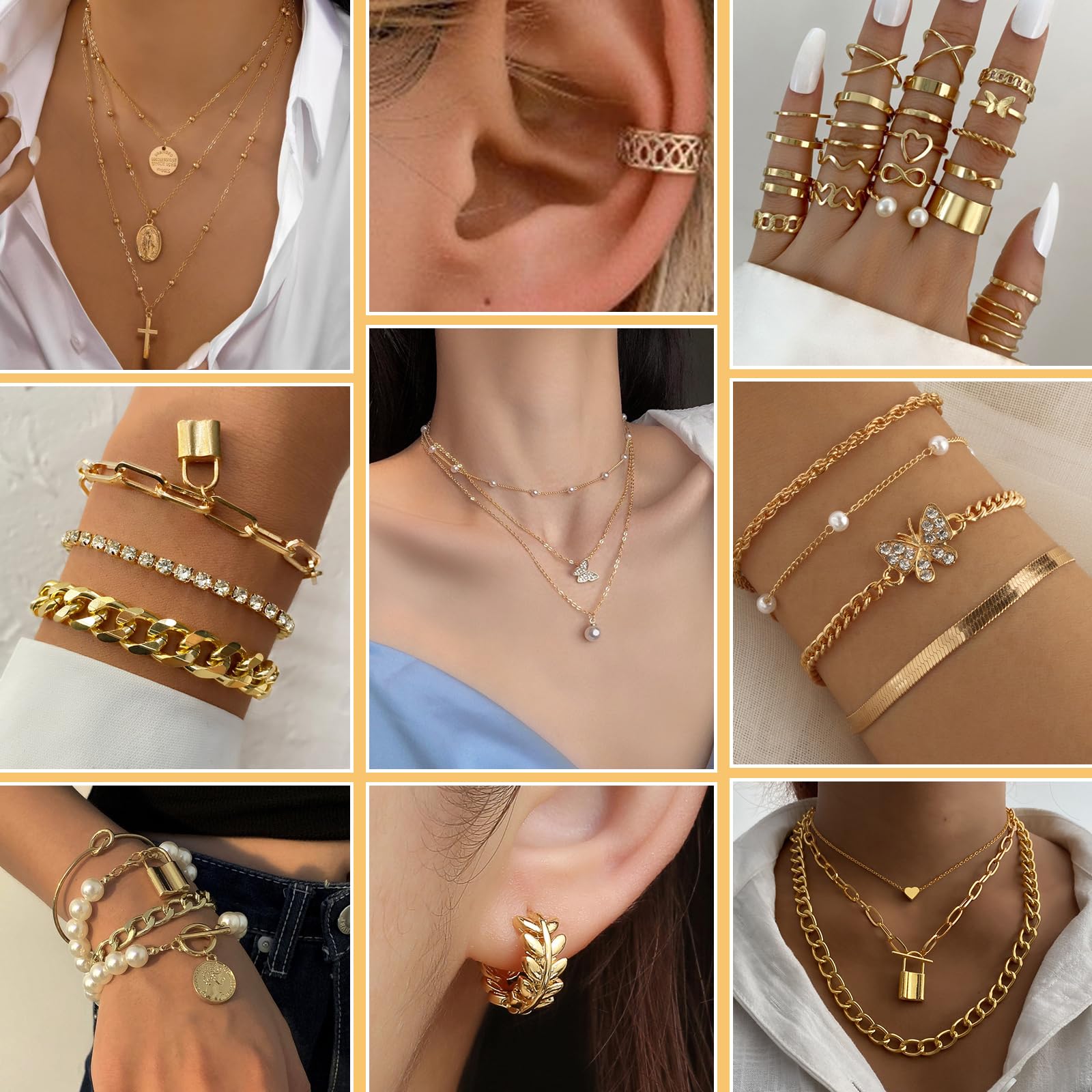 JSTHHTT 60 Pezzi Oro Parure Gioielli per Donna, Gioielli Oro Per Donne Ragazze, oOro Collana Dorata Set Bracciali e Bigiotteria, per Donne Ragazze Uso Quotidiano e Occasioni Festive Gioielli