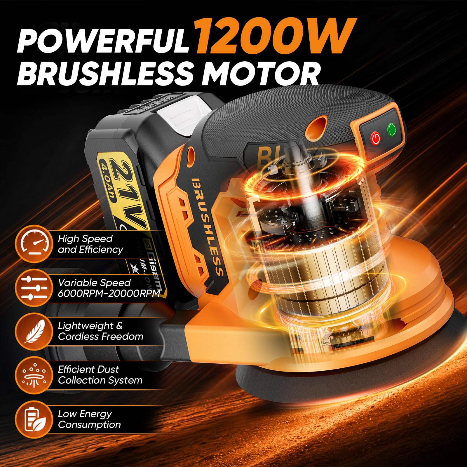 Ponceuse Excentrique 125mm Moteur Sans Balais 1200W Ponceuse Bois Métal | Ponceuse Vibrante 2 Vitesses 6000–20000 tr/min, 2x4,0Ah Batteries, 30 Disques Abrasifs 125mm, Avec Collecteur