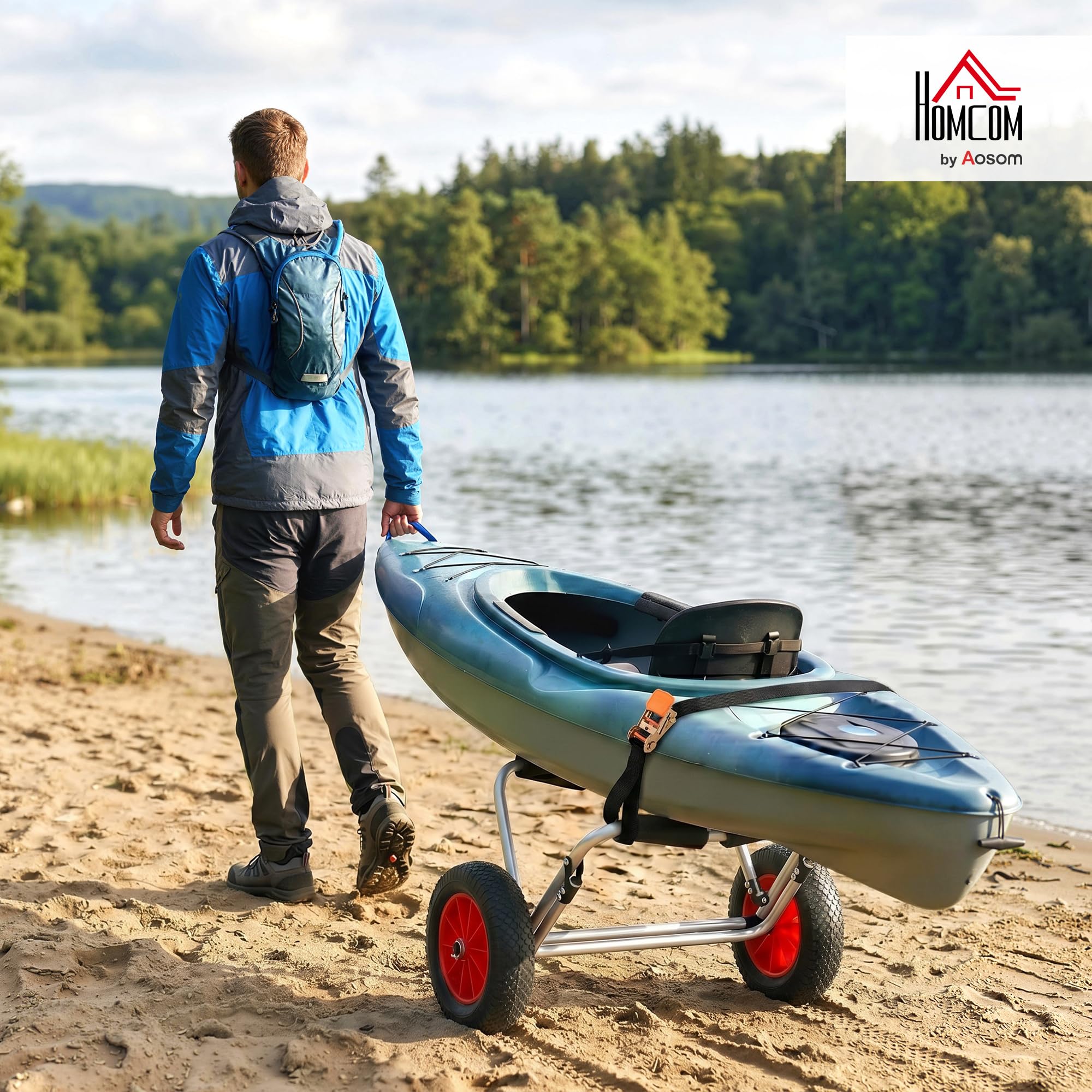 HOMCOM Chariot de transport trolley pour kayak, stand-up paddle, canoë avec sangle, grandes roues et cadre en aluminium dim. 70L x 40L x 42H cm noir et rouge