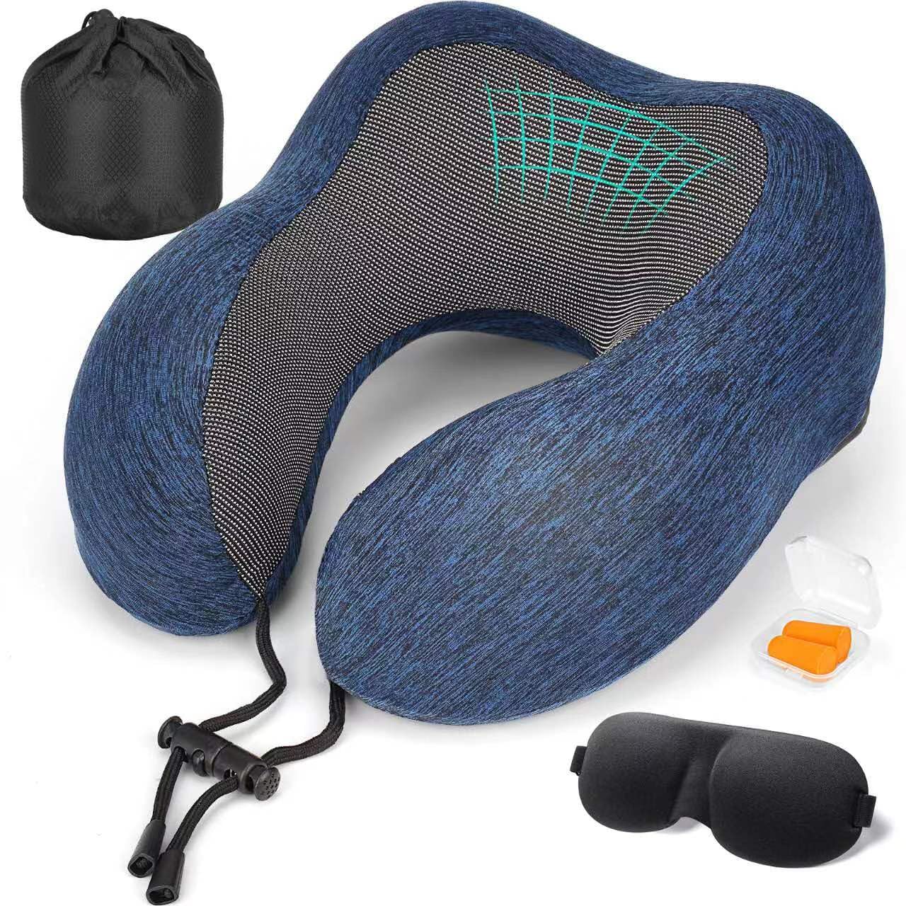 HITSZS Nackenkissen Flugzeug – Memory Foam, Atmungsaktiver Bezug, Inkl. Augenmaske & Ohrstöpsel – Für Reisen, Camping & Büro