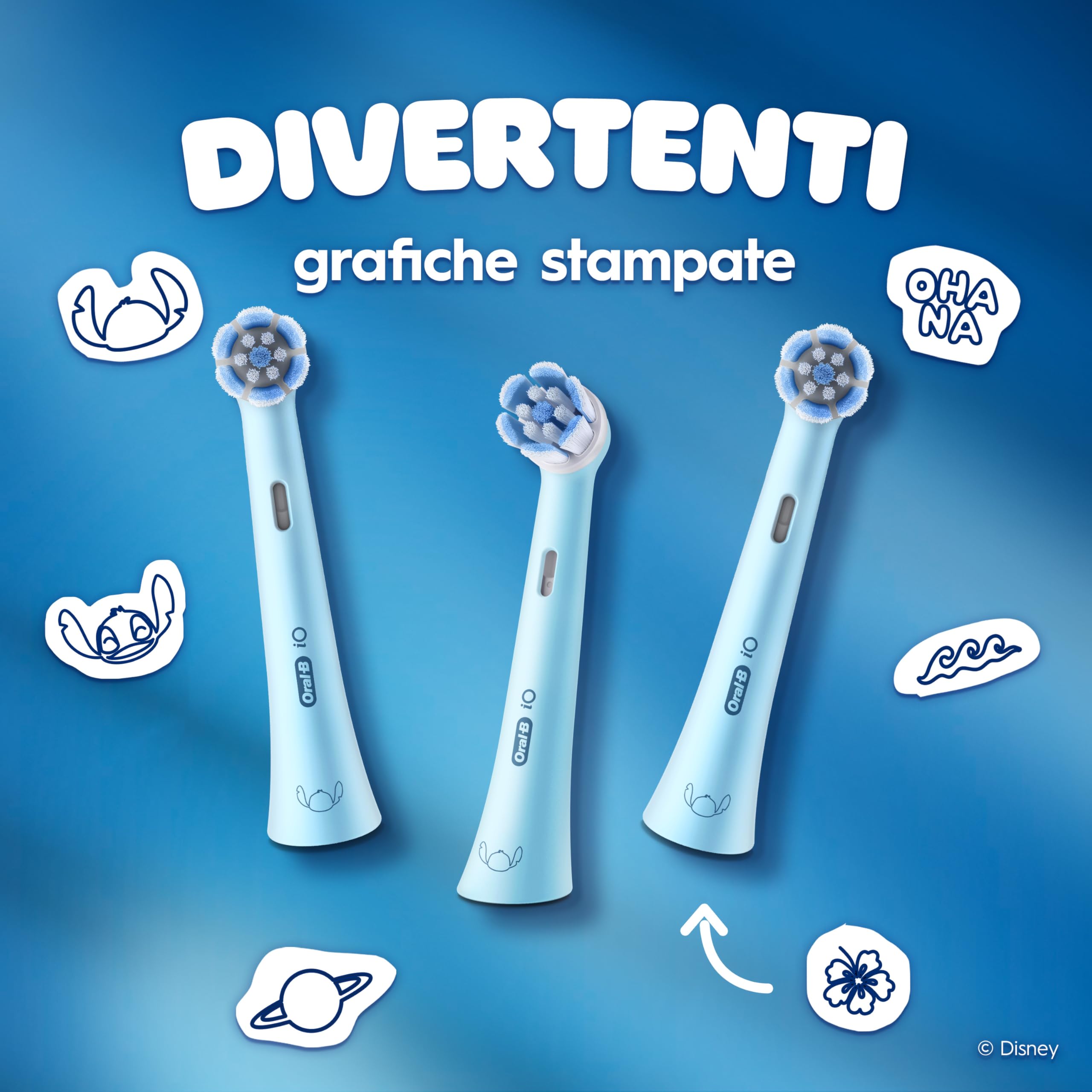 Oral-B Testine di Ricambio iO Kids 6+, Azzurre, 8 Ricambi - 8 Testine di Ricambio per Spazzolino Elettrico iO 6+, Disney Stitch, per i Bambini dai 6 Anni in su, Delicato su Denti da Latte e Gengive