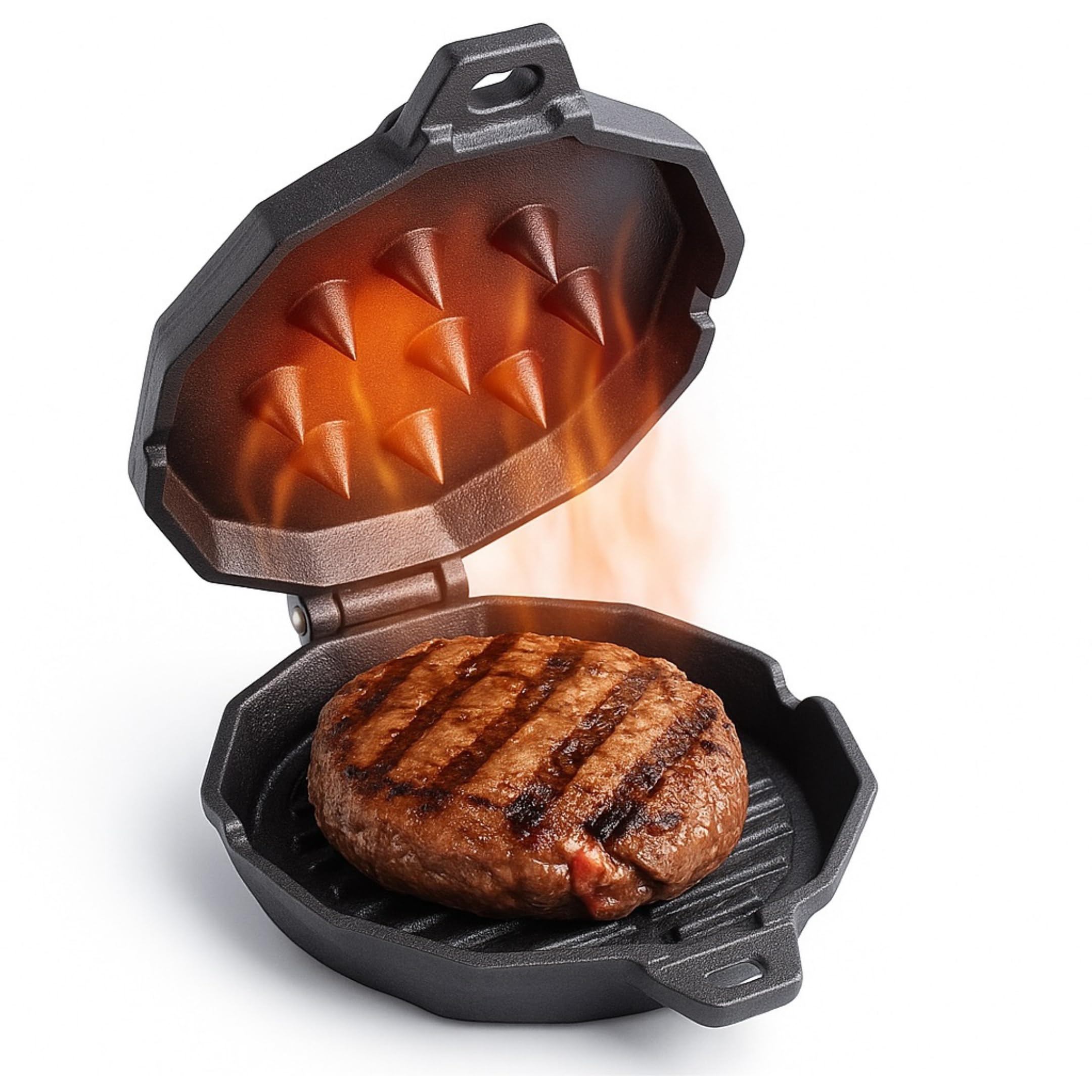 Gusseisen Burgerpfanne mit Deckel - Doppel-Bratpfanne für perfekte Patties - Grillpfanne für BBQ, Smoker & Küche - Vorbehandelte, Hitzebeständige & Extra saftige Pattie-Pfanne (2 Stück)