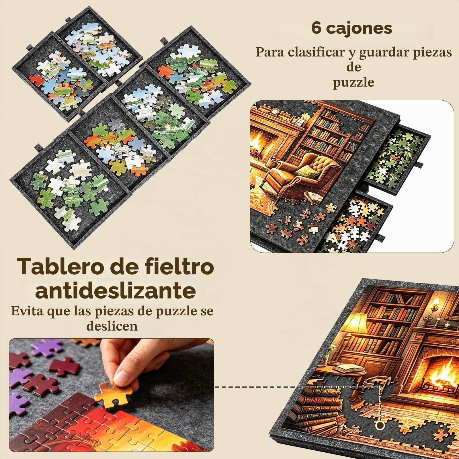 Puzzle de 77 x 53,6 cm, 2 en 1 con 6 cajones y soporte, alfombrilla de fieltro para hasta 1000 piezas, portátil, para adultos y niños, gris oscuro