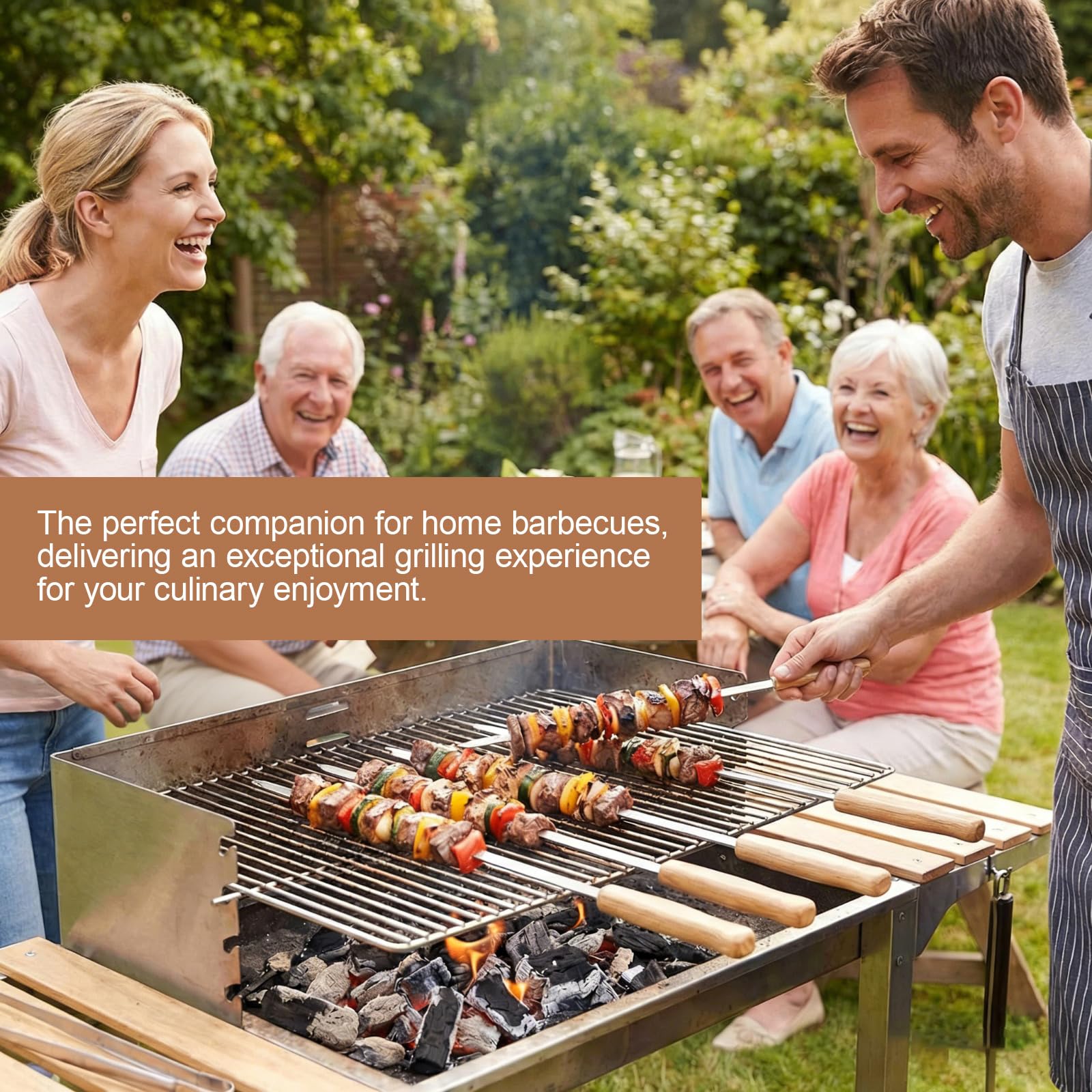 Brochettes barbecue acier inoxydable 410 44cm réutilisables manche chêne 8 pièces