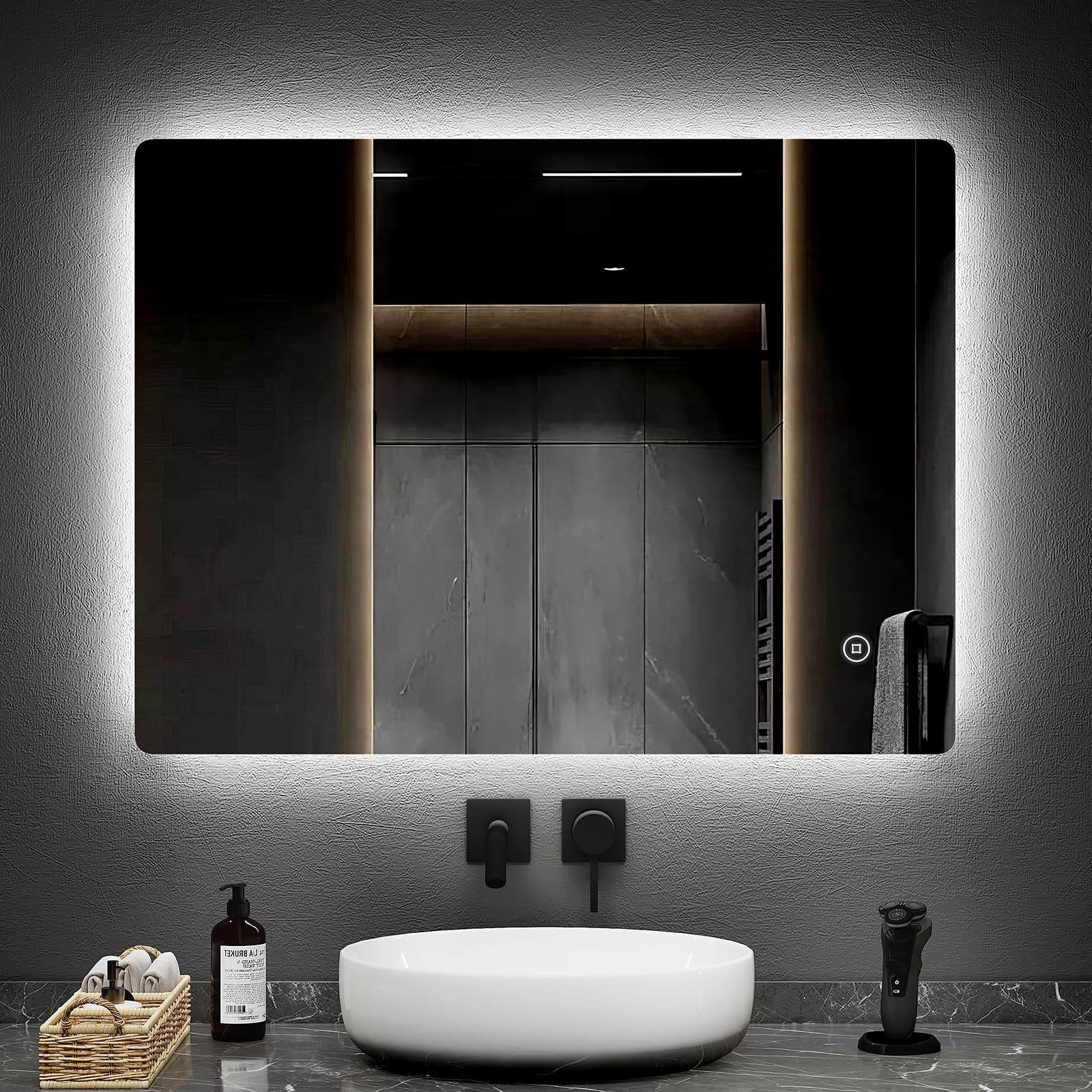 EMKE Backlit Illuminated Bathroom Mirror with Lights 800x600mm, Wall Mounted Multifunction LED Bathroom Vanity Mirror with LED Lights and Demister Pad