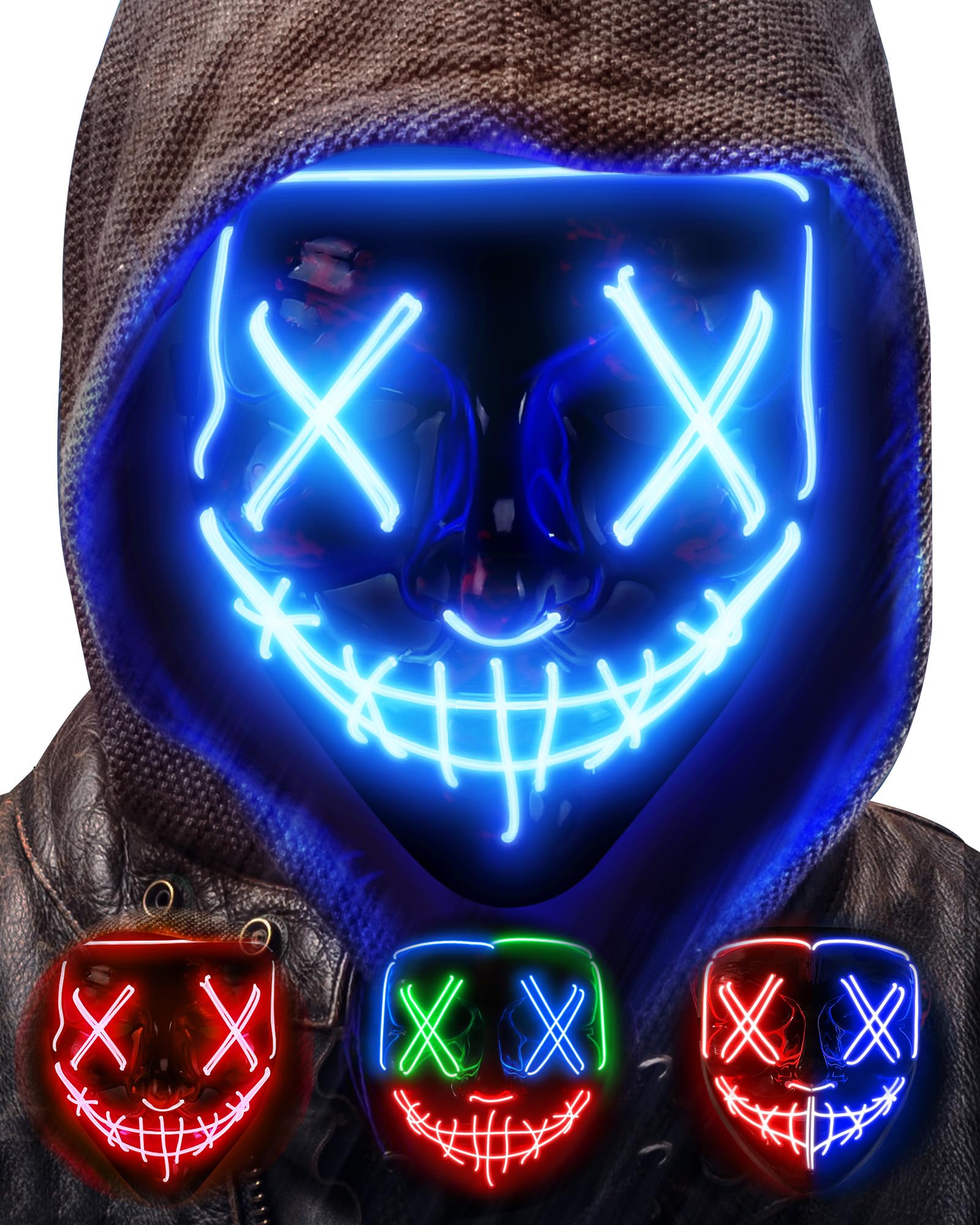 AnanBros - Maschera per Halloween, con luci a LED, maschera, per Halloween, 3 modalità di illuminazione, per cosplay e feste