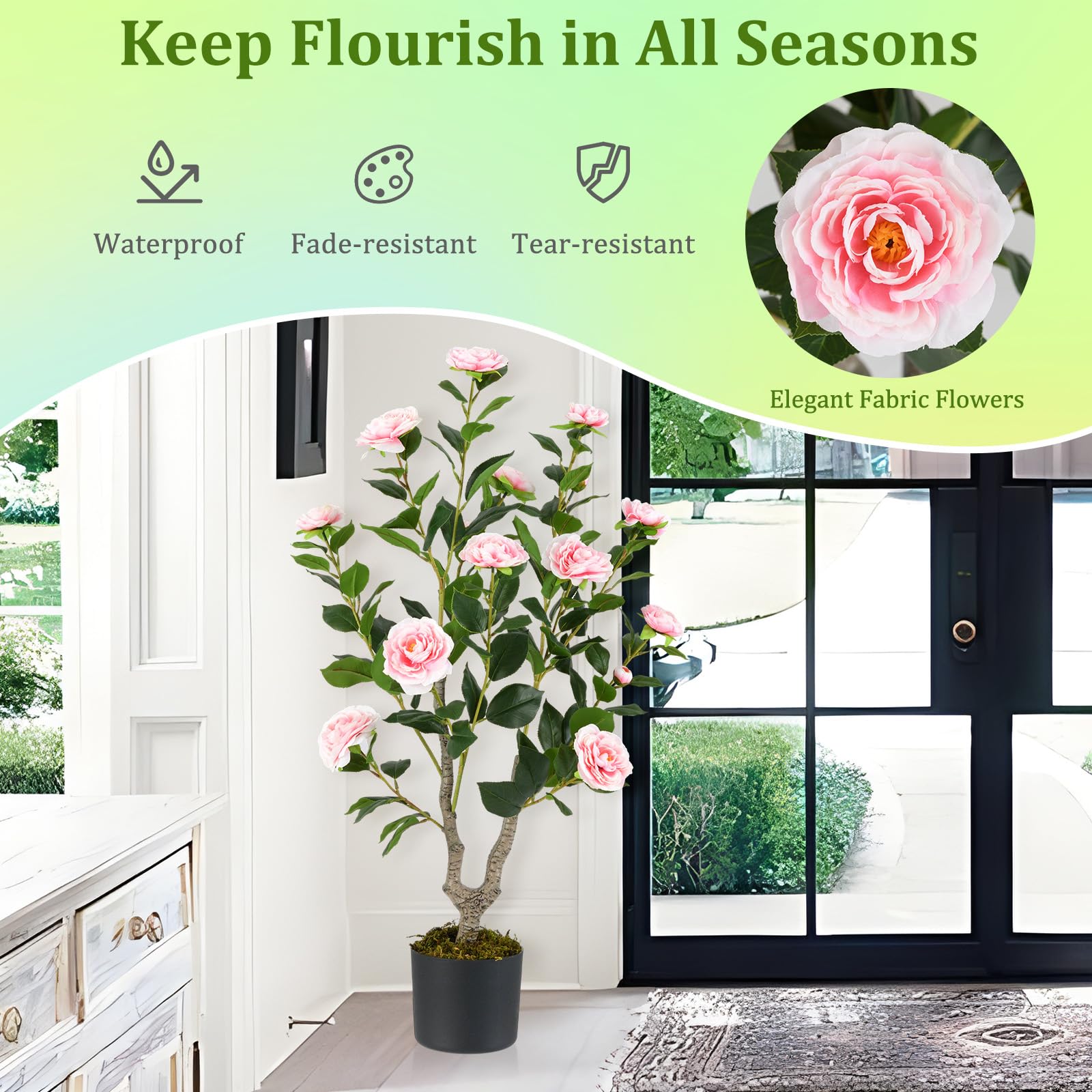 GIANTEX Albero di Camelia Artificiale da 90 cm, Pianta Finta con 16 Fiori di Camelia Rosa in Tessuto, Tronco in Legno Massiccio, Pianta Decorativa in Vaso per Ristorante, Ufficio (Rosa)