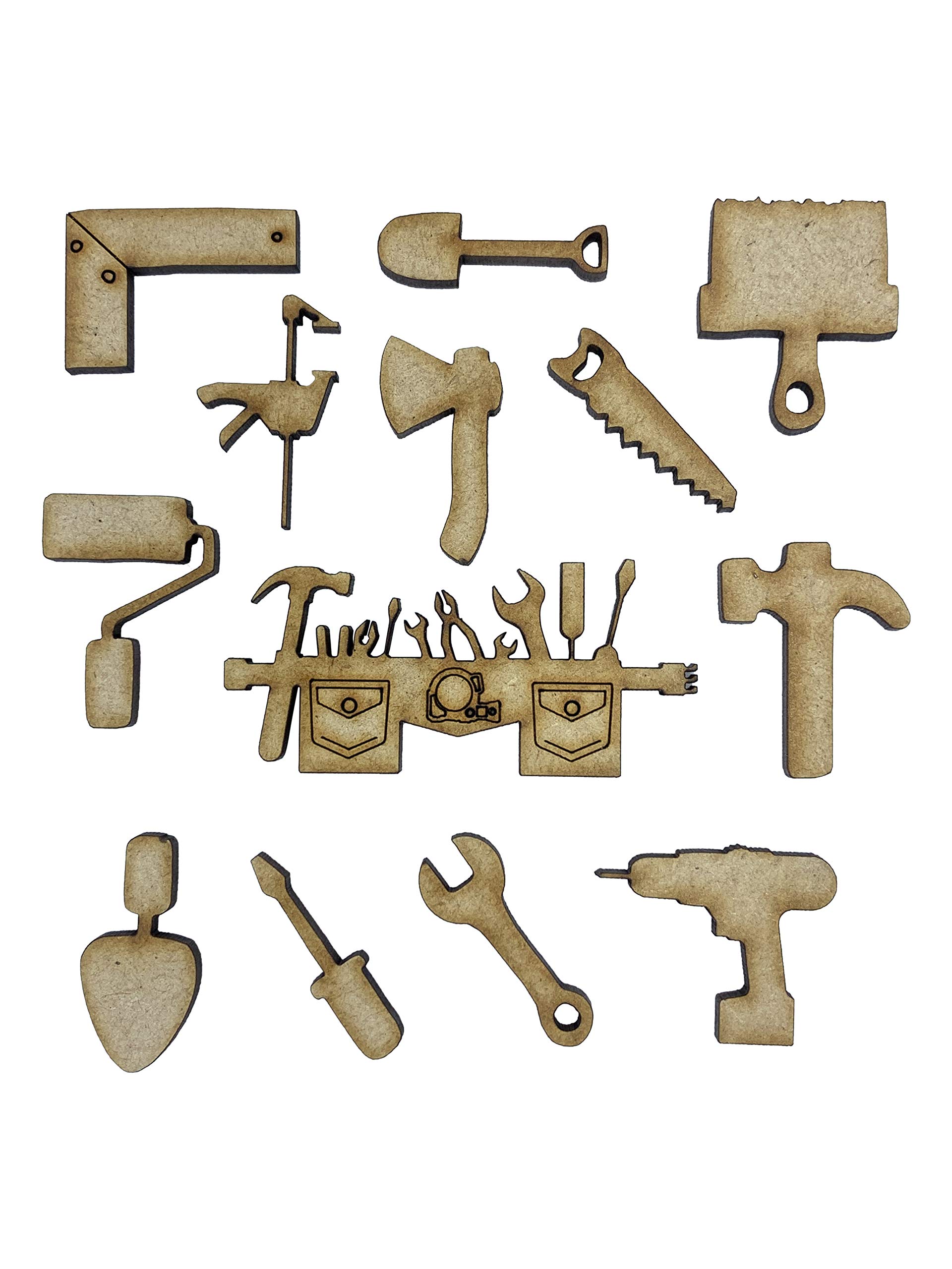 The Crafty Cow20x Assorted Tools & Tool Belt DIY 3cm Wood Craft Embelishments Laser Cut Shape