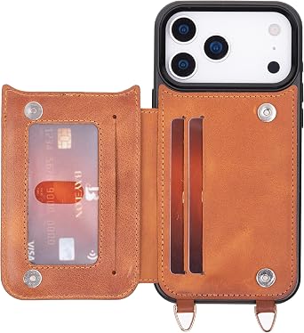 Bayelon Crossbody Case for iPhone 17 Pro Max, Full Grain Leather Crossbody Genuine Leather Wallet Phone Case with Strap, Card Holder, Shockproof Phone Lanyard, Gift for Women Vintage Brown