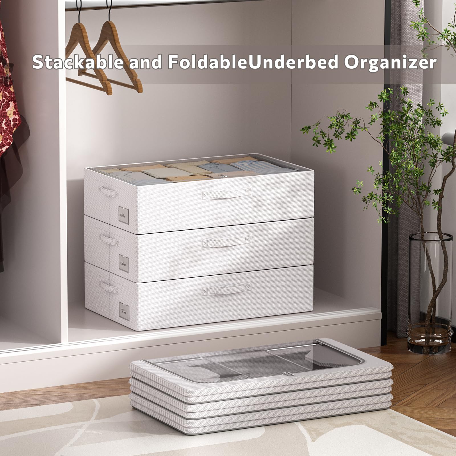 3 x Unterbett-Aufbewahrungsbehälter mit Metallrahmen – Schuh-Organizer für Schrank mit transparenter Abdeckung, Oxford-Gewebe, stabiler Unterbettbehälter, faltbar, stapelbar, Kleider-Organizer (Grau,