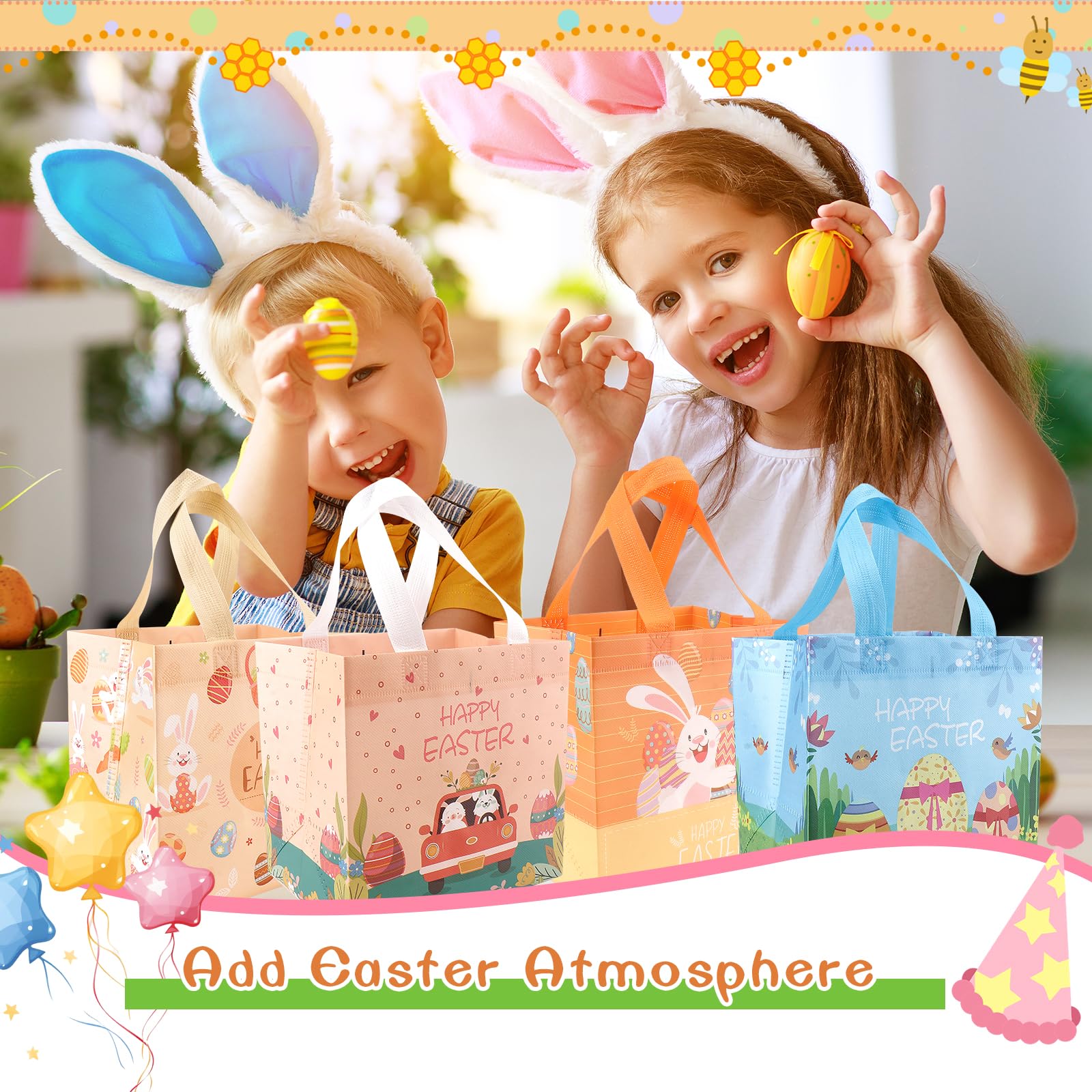 2x Oster-Tragetaschen Aus Filz – 30,5x19,8x17,3 Cm, Rosa & Grün, Für Eiersuche, Geschenke & Partyzubehör