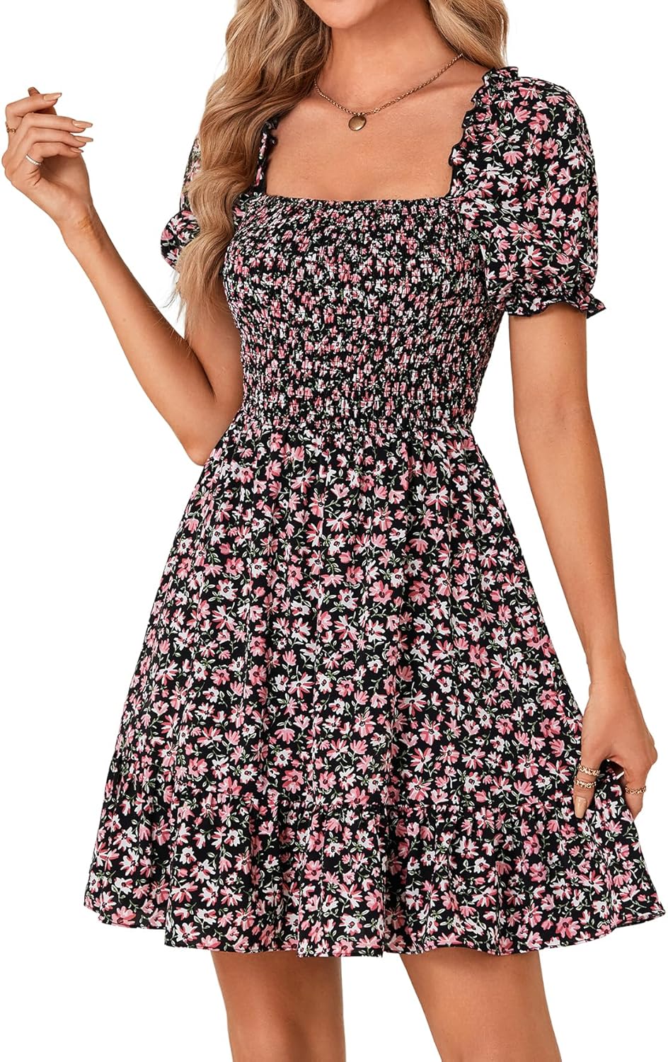 Rooscier Women's Summer Boho Floral Print Square Neck Smocked Ruffle Swing Beach Mini Dress - Image 3