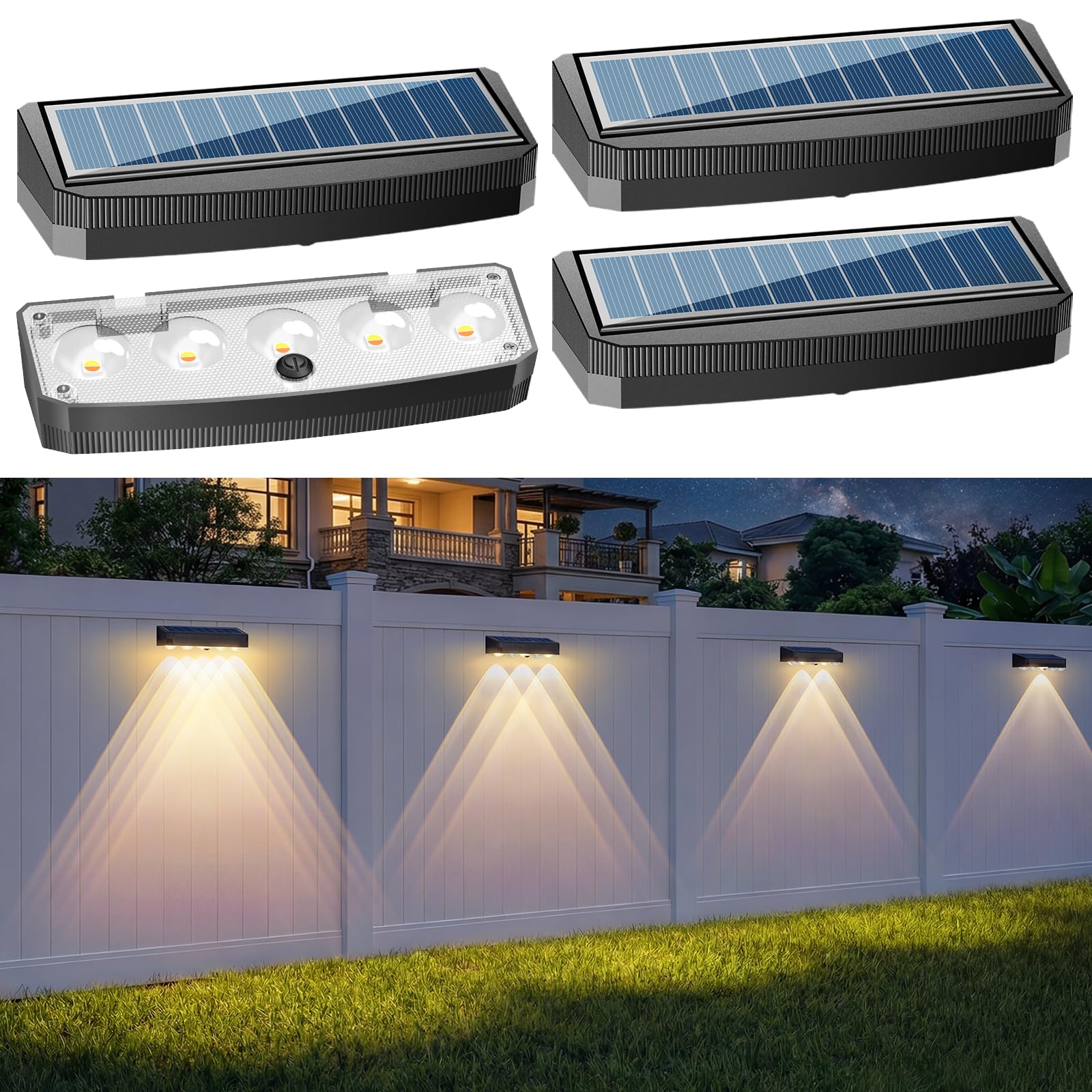 Luci solari a LED da parete, adatte per uso esterno, impermeabili, con 3 modalità di illuminazione e più livelli di intensità per recinzioni, scale esterne, gradini e portici (4 pezzi).