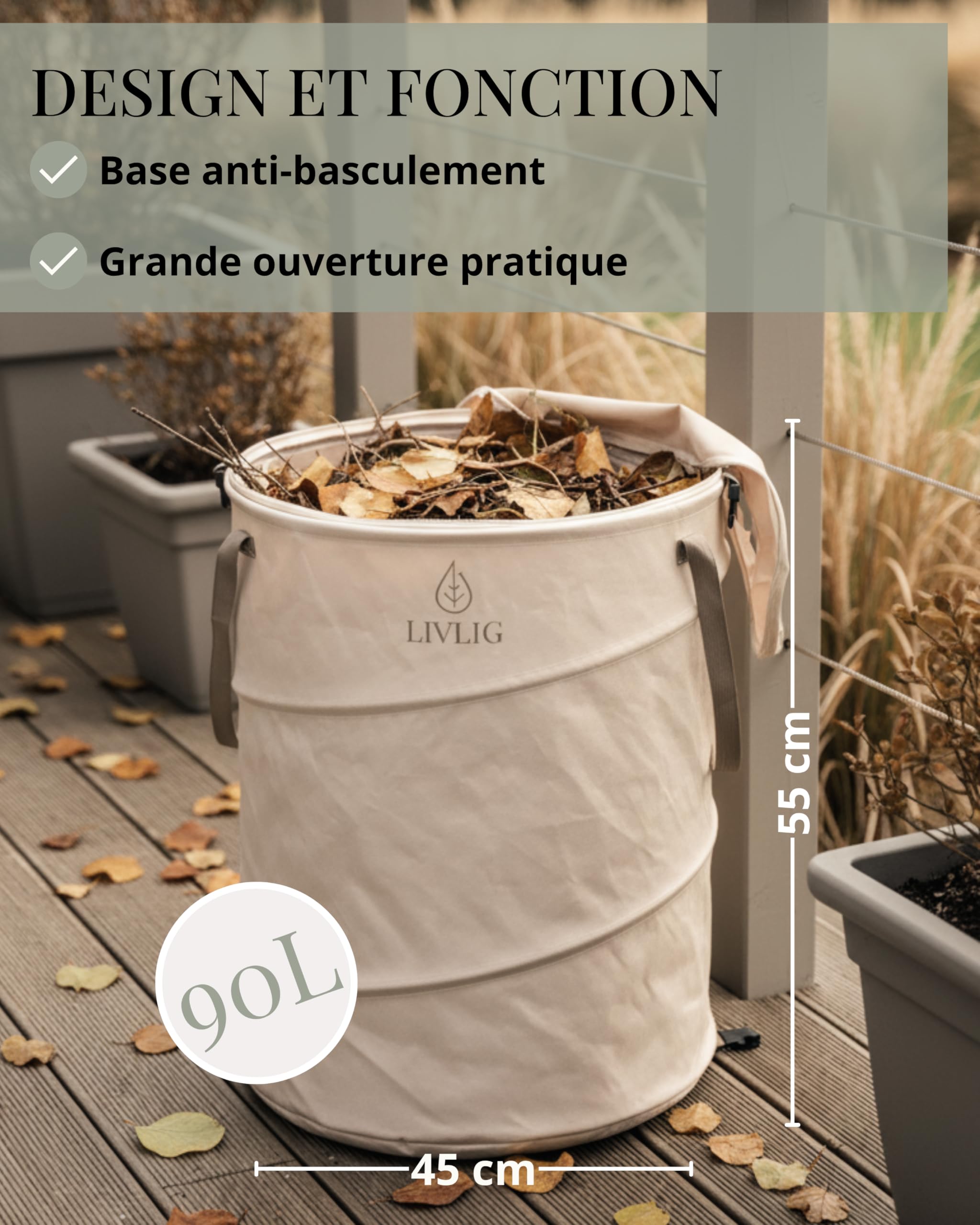 Sac de jardin LIVLIG Pop Up 90L, Sac à déchets de jardin pliable avec couvercle et double fond, Sac à feuilles stable avec couvercle, Sac à feuilles et sac à déchets de jardin Beige, 2 pièces