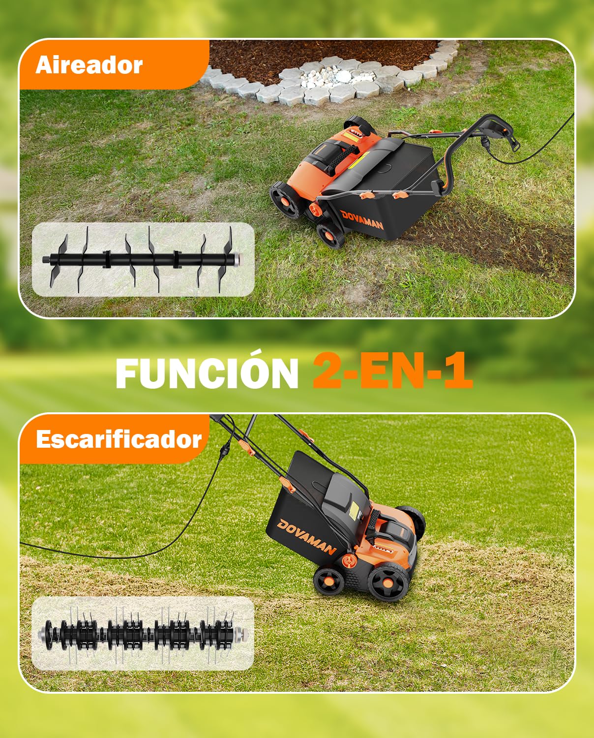 DOVAMAN DS16A 2 en 1 Escarificador y Aireador Eléctrico, 1500W, 40cm Ancho de Trabajo, 5 Ajustes de Profundidad, Diseño Plegable, Bolsa 45L, Altura Ajustable, Ligero, Ideal para Escarificar y Airear