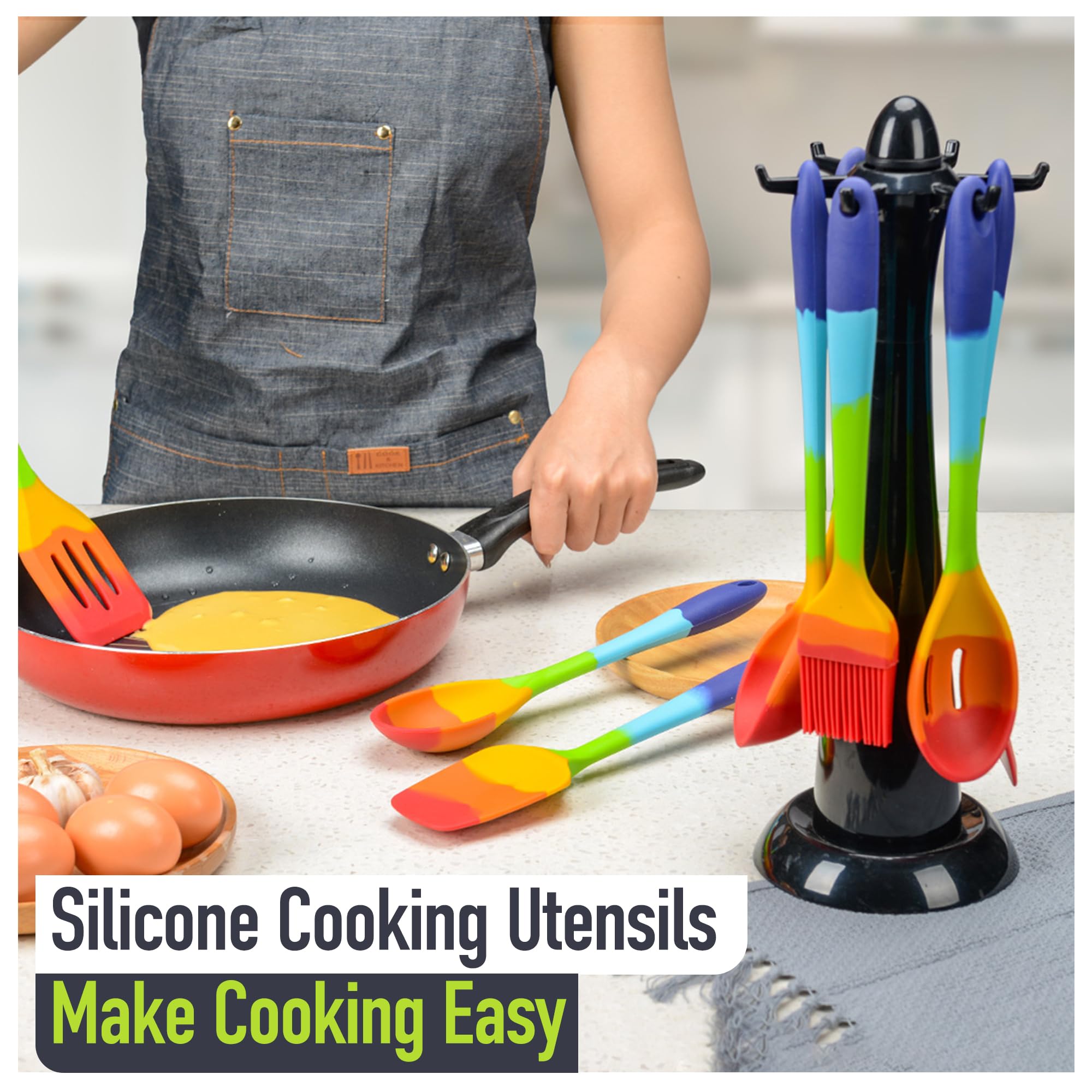 Rainbow - Juego de espátulas de silicona para cocinar y hornear, multicolor, 8 piezas resistentes al calor, utensilios de cocina antiadherentes, espátula flexible, cuchara, espátula, cepillo, seguro