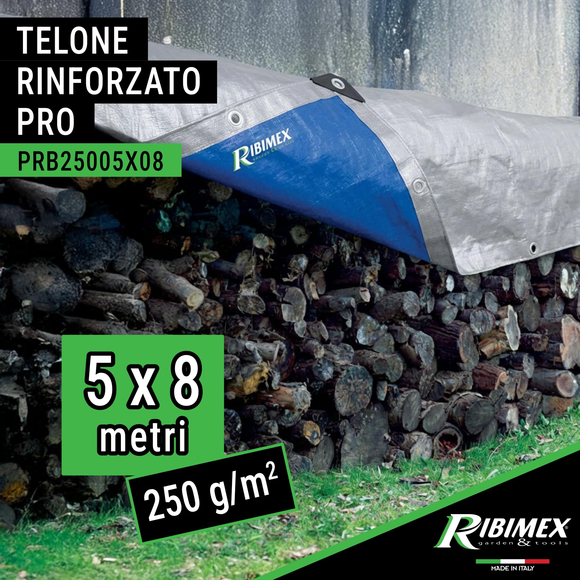 Ribimex Telone Impermeabile per Esterno PRO 5x8 m in Polietilene con Occhielli in Alluminio, Angoli e Orli Rinforzati, 250 gr/m², Ideale per Uso Prolungato e Protezione da Intemperie - PRB25005X08